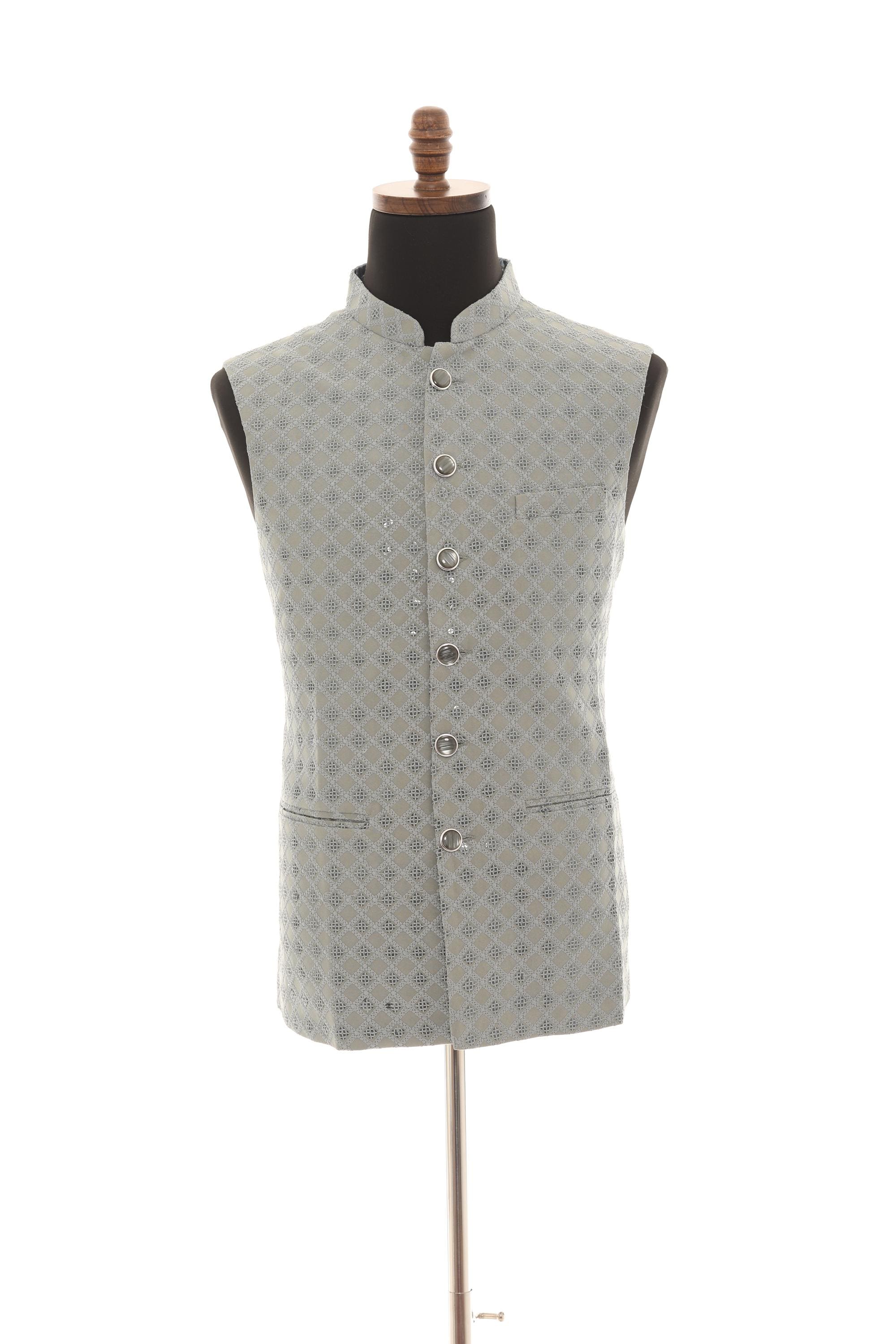 Mens Soft Grey Vest  Self-Embroidered Fabric with Sequins