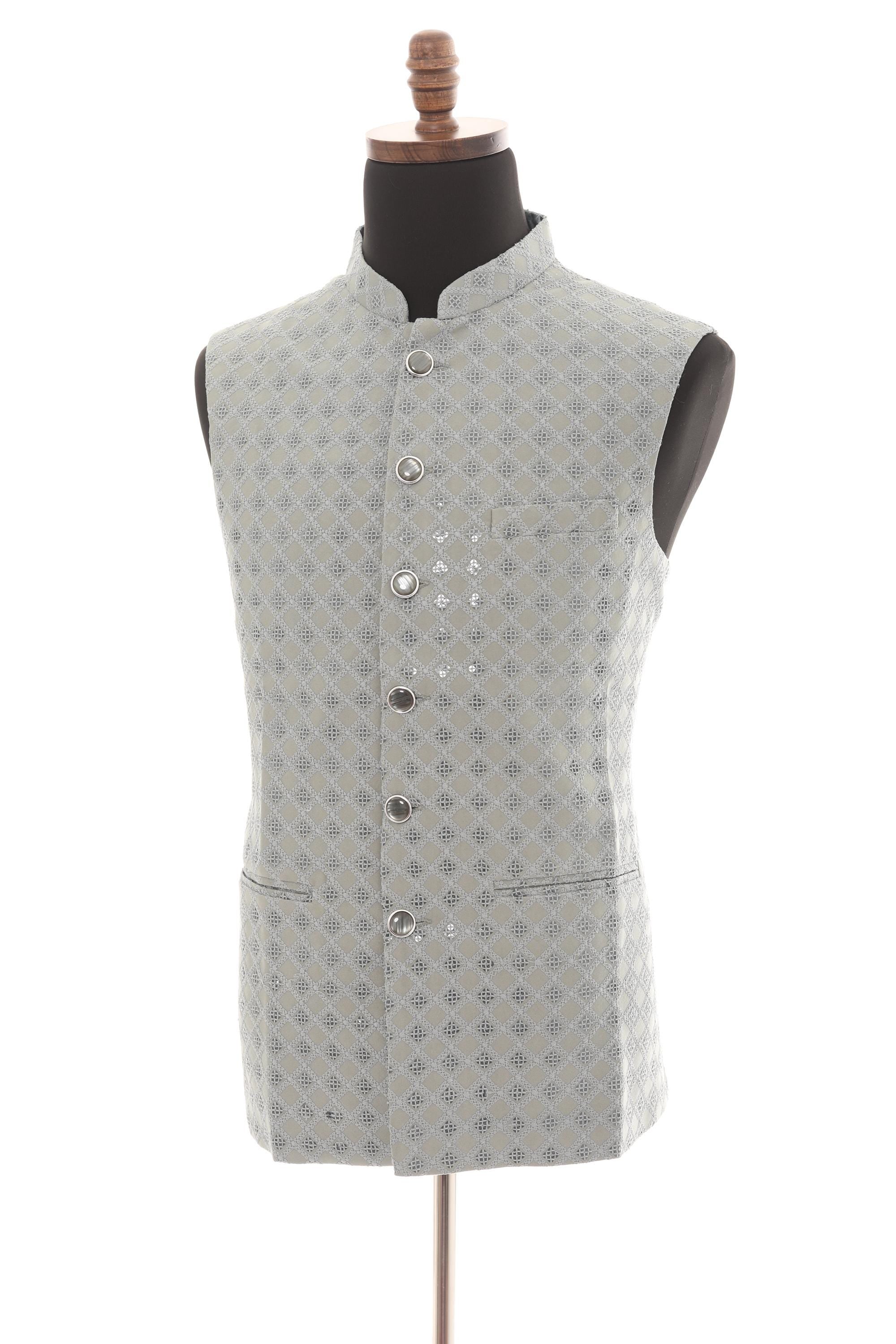 Mens Soft Grey Vest  Self-Embroidered Fabric with Sequins