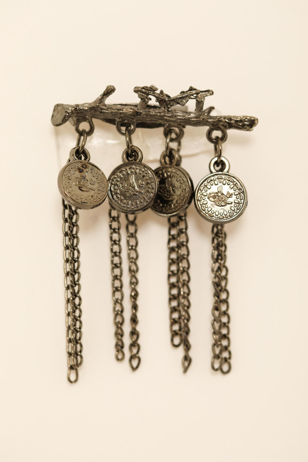 Vintage Coin Chain Brooch  Antique Metal Pin with Dangling Medallions