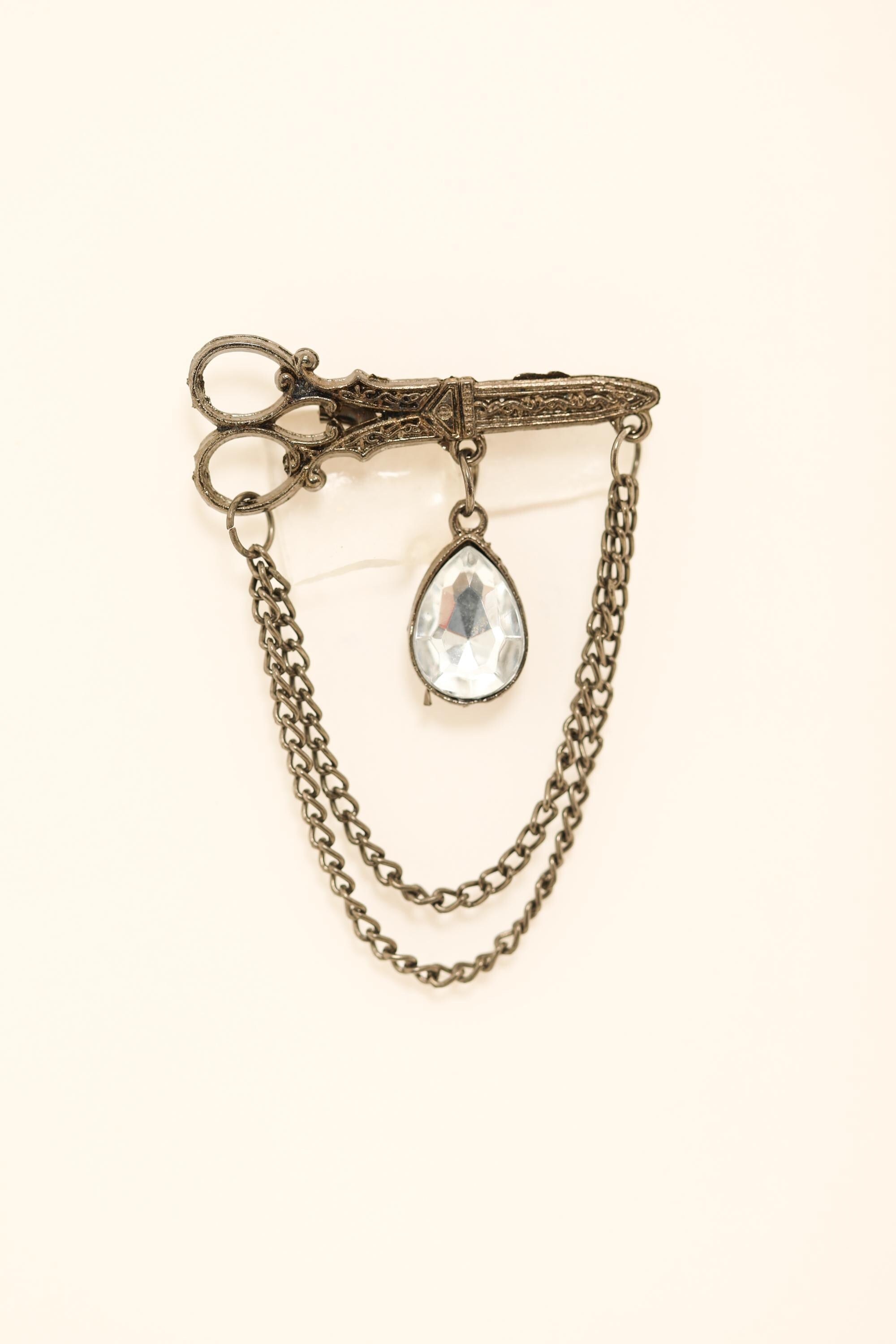 Vintage Scissor Brooch with Crystal Pendant and Chain Drape