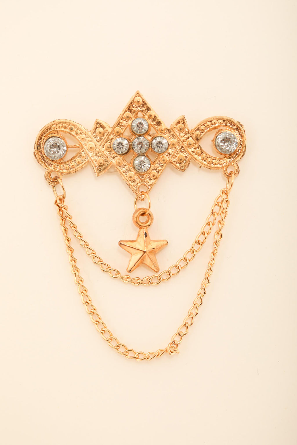 Elegant Gold Brooch with Star Charm and Crystal Accents | Vintage Style Chain Pin