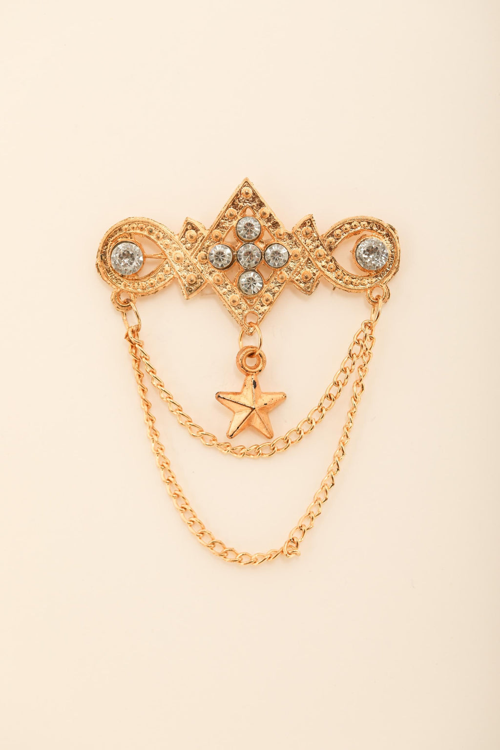 Elegant Gold Brooch with Star Charm and Crystal Accents | Vintage Style Chain Pin