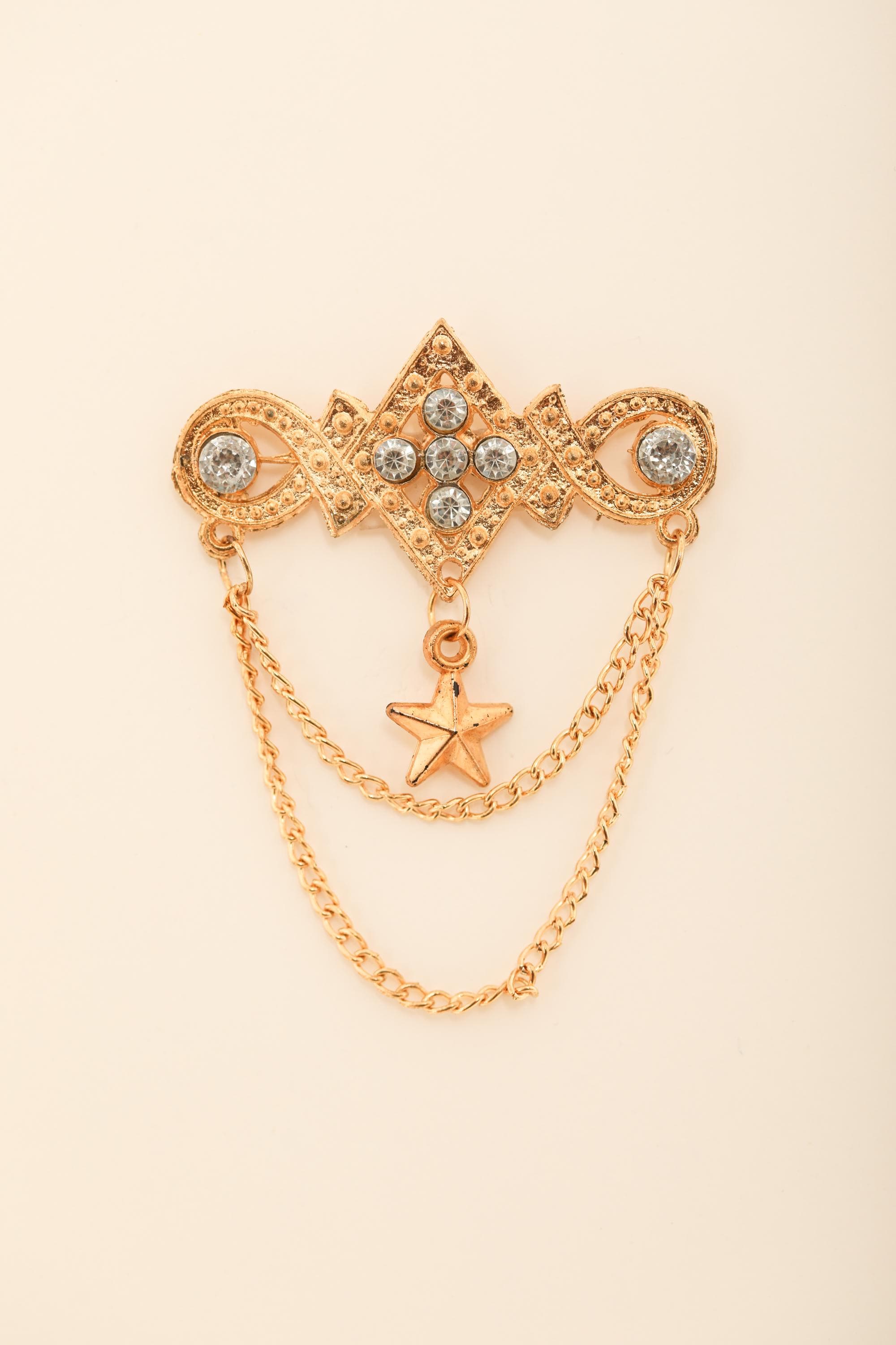 Elegant Gold Brooch with Star Charm and Crystal Accents | Vintage Style Chain Pin