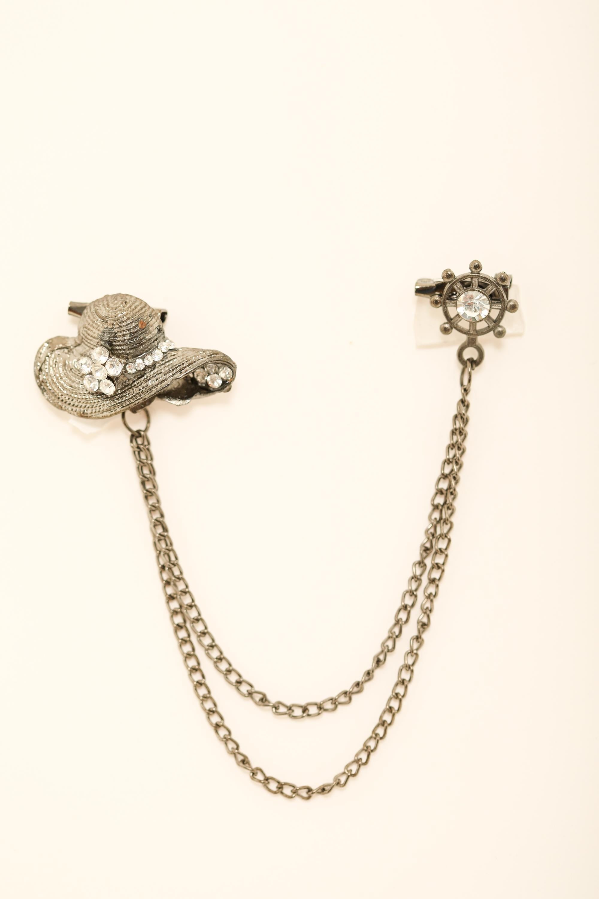 Unisex Vintage Silver Brooch with Hat and Ship Wheel Design | Dual Pin Chain Lapel Accessory