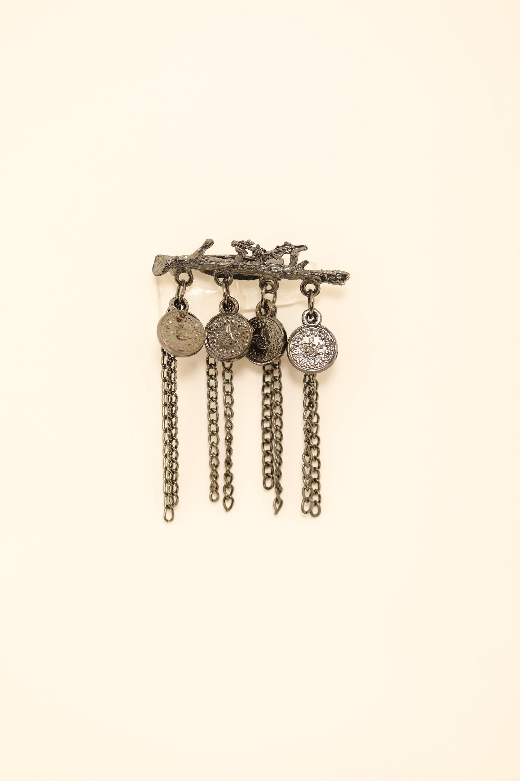 Vintage Coin Chain Brooch  Antique Metal Pin with Dangling Medallions