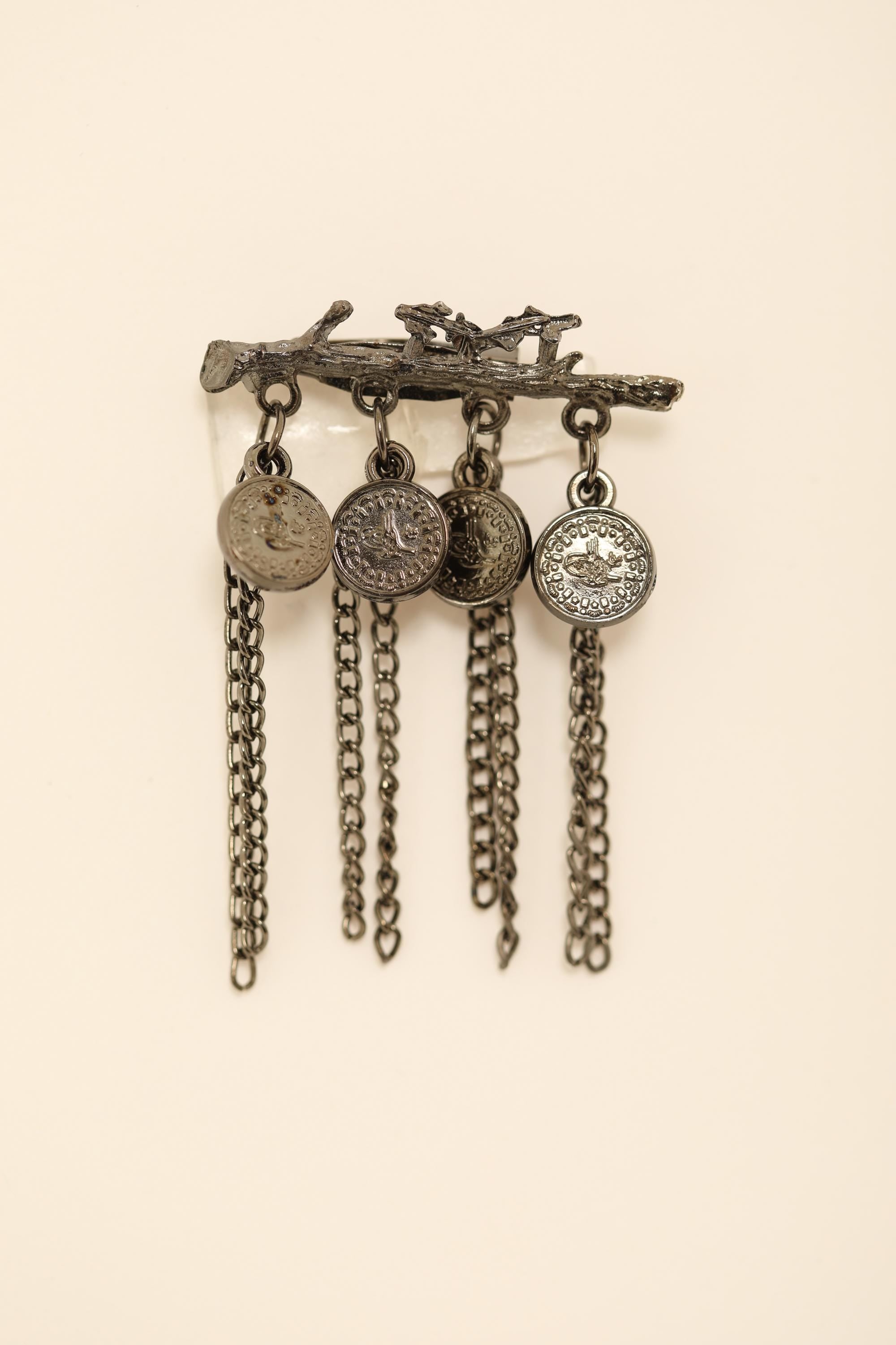 Vintage Coin Chain Brooch  Antique Metal Pin with Dangling Medallions