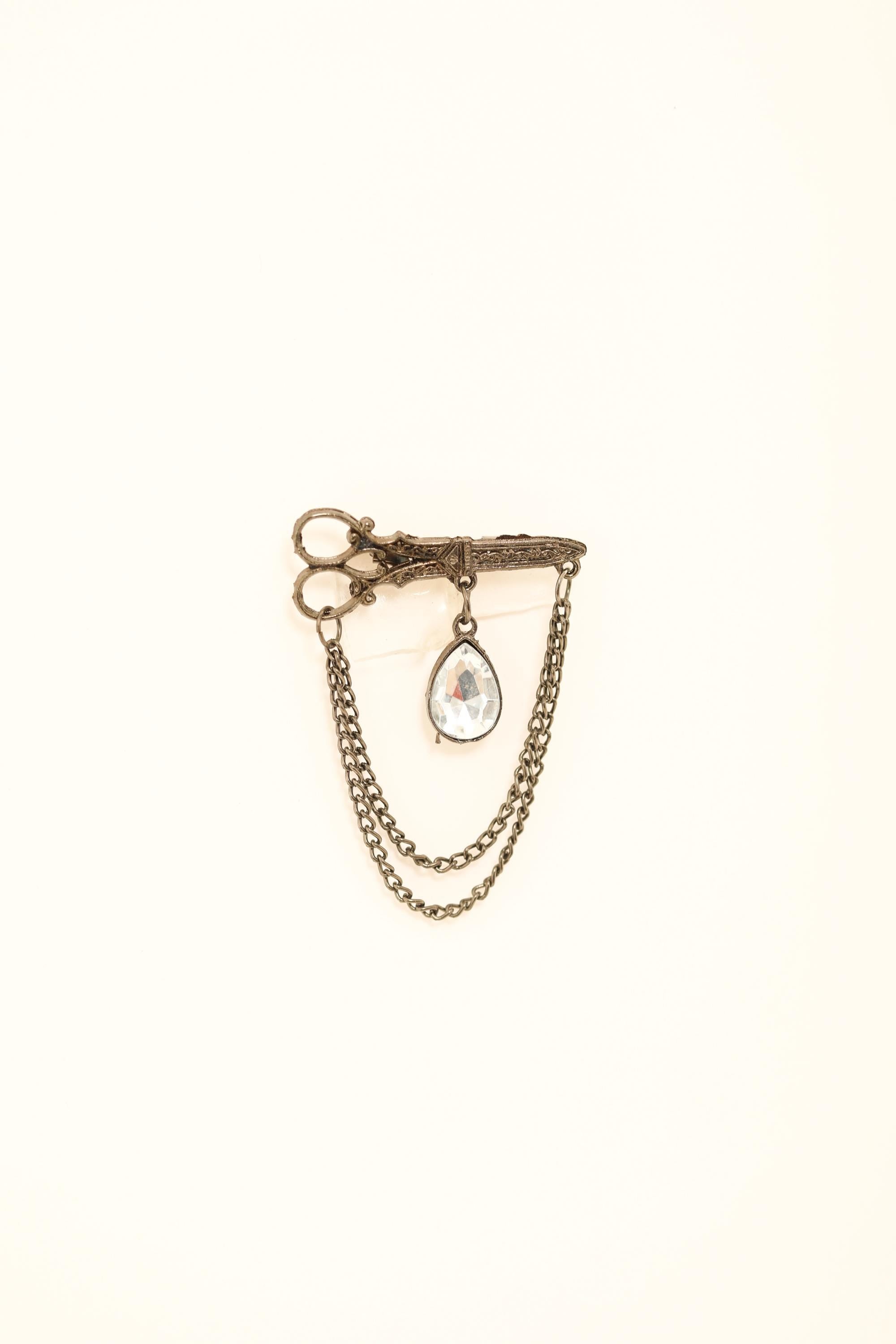 Vintage Scissor Brooch with Crystal Pendant and Chain Drape