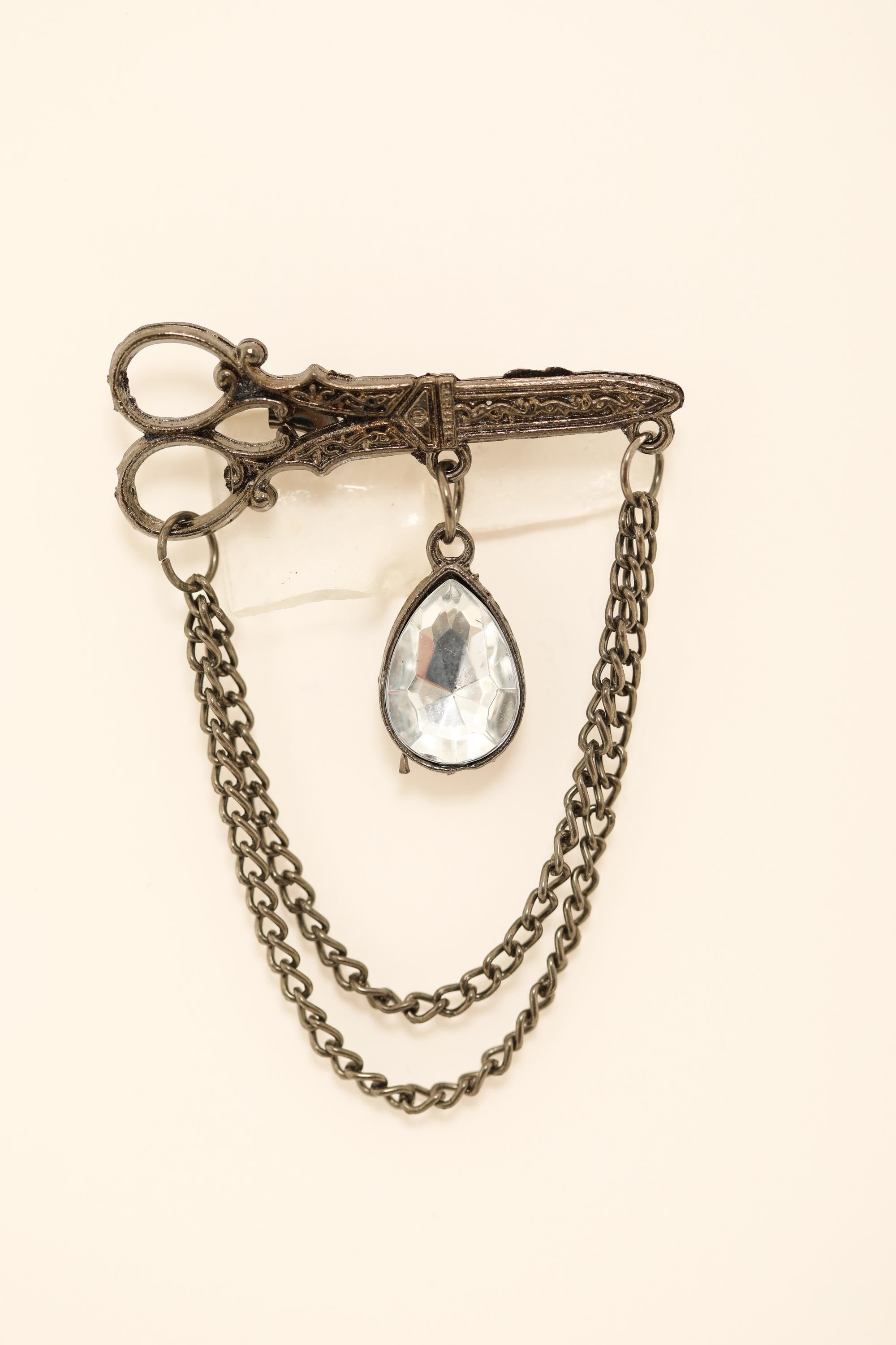 Vintage Scissor Brooch with Crystal Pendant and Chain Drape