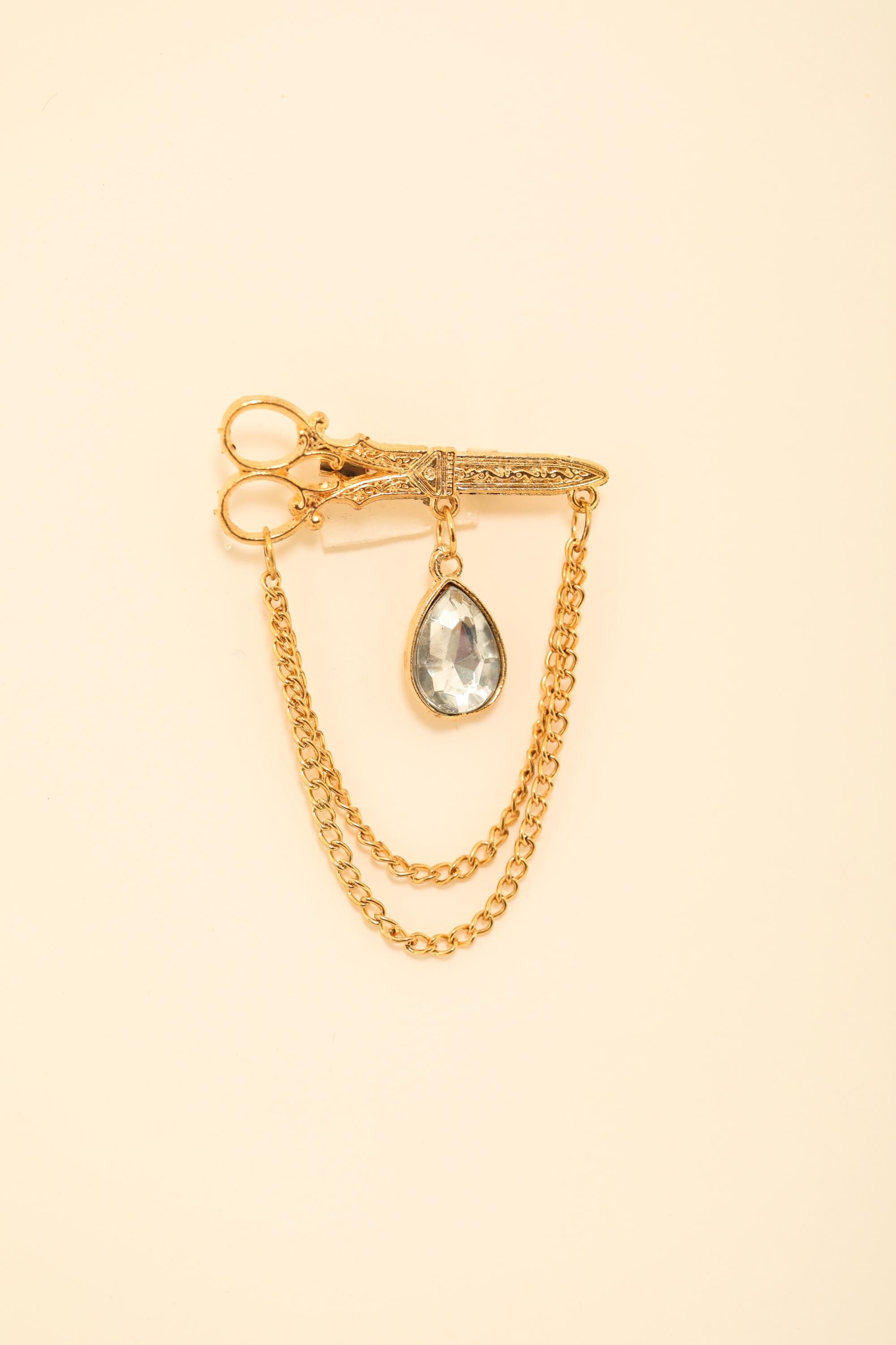 Vintage Scissor Gold Brooch with Crystal Pendant and Chain Drape