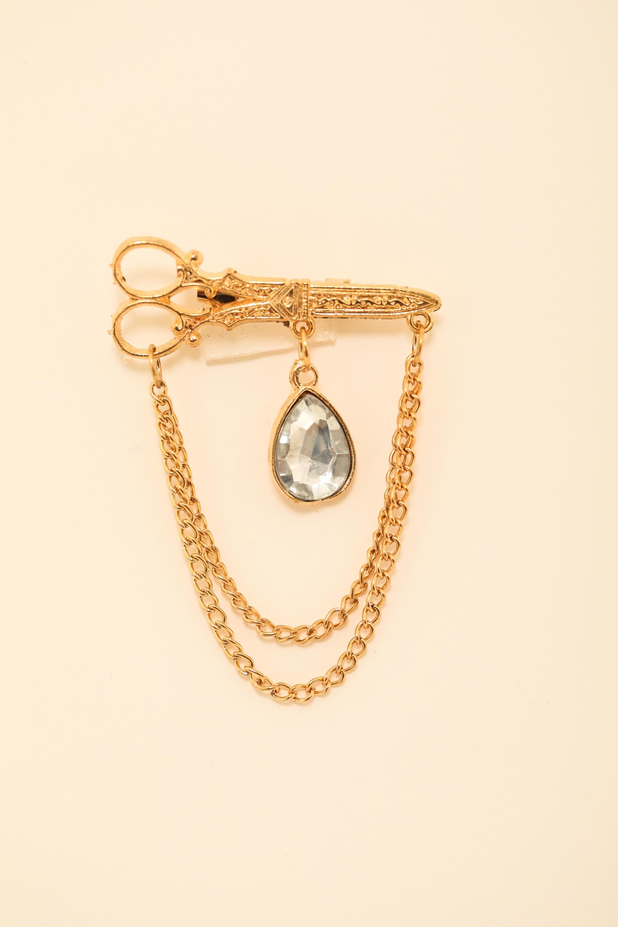 Vintage Scissor Gold Brooch with Crystal Pendant and Chain Drape