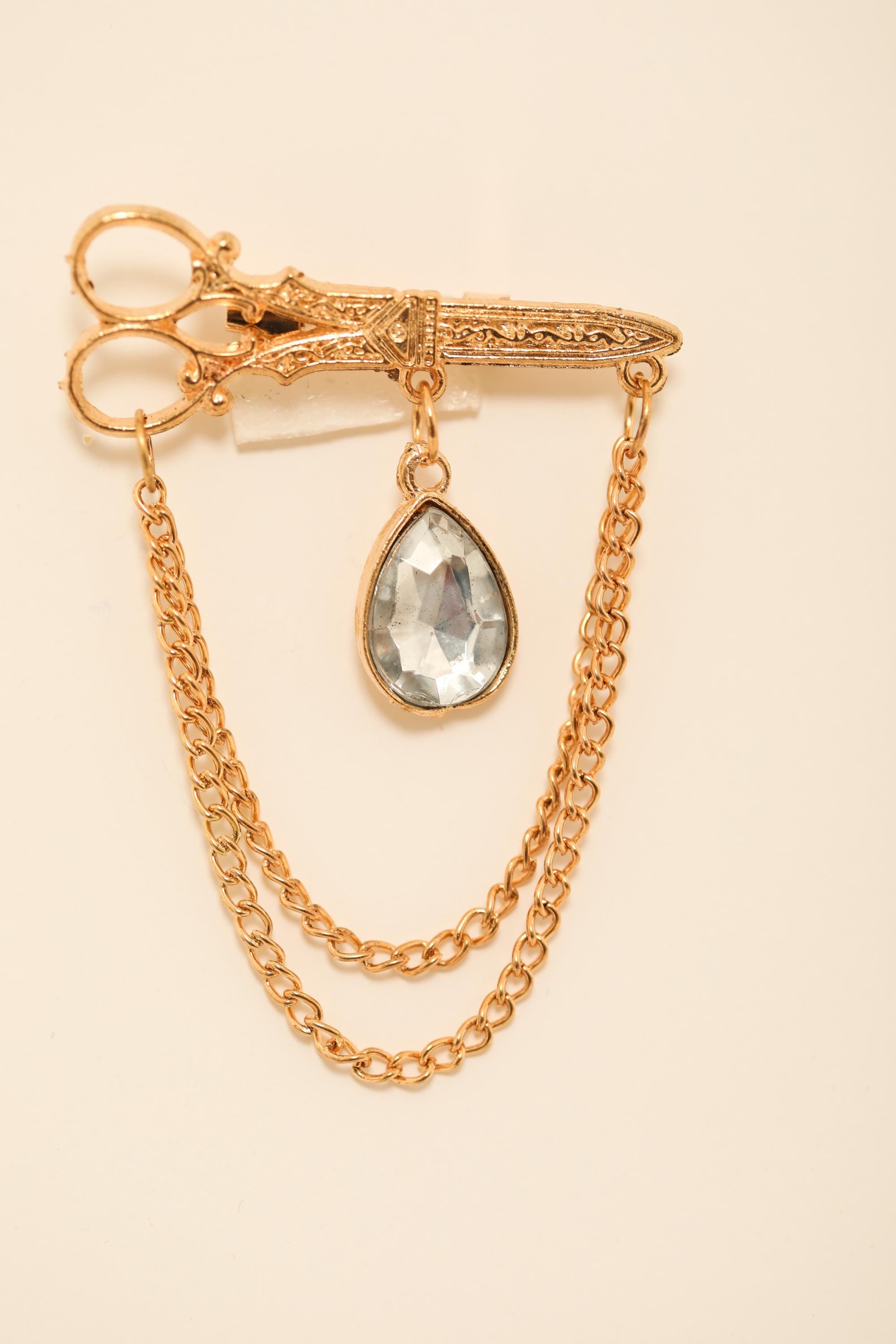 Vintage Scissor Gold Brooch with Crystal Pendant and Chain Drape