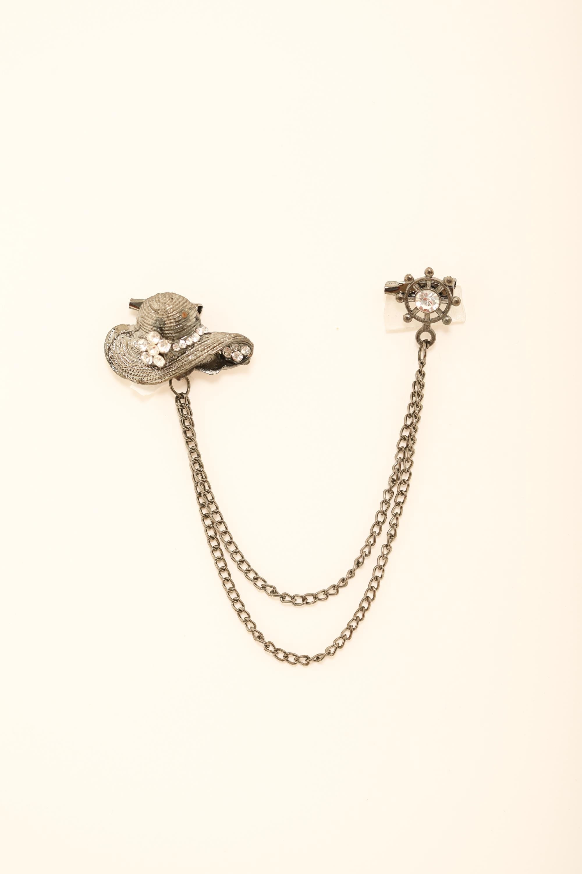 Unisex Vintage Silver Brooch with Hat and Ship Wheel Design | Dual Pin Chain Lapel Accessory
