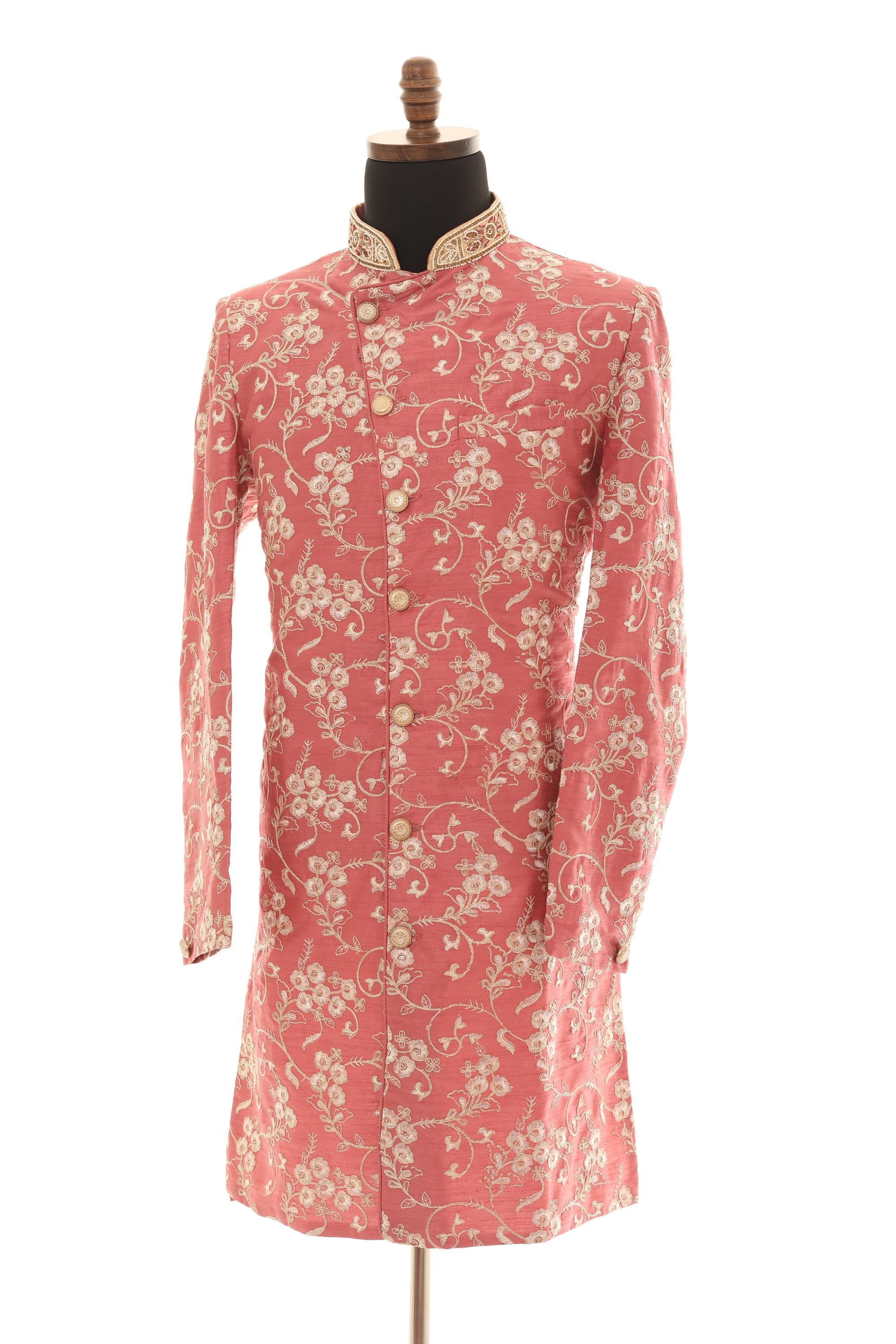 Elegant Pink Embroidered Sherwani Set with Gold Pants  Lightweight & Summer-Ready