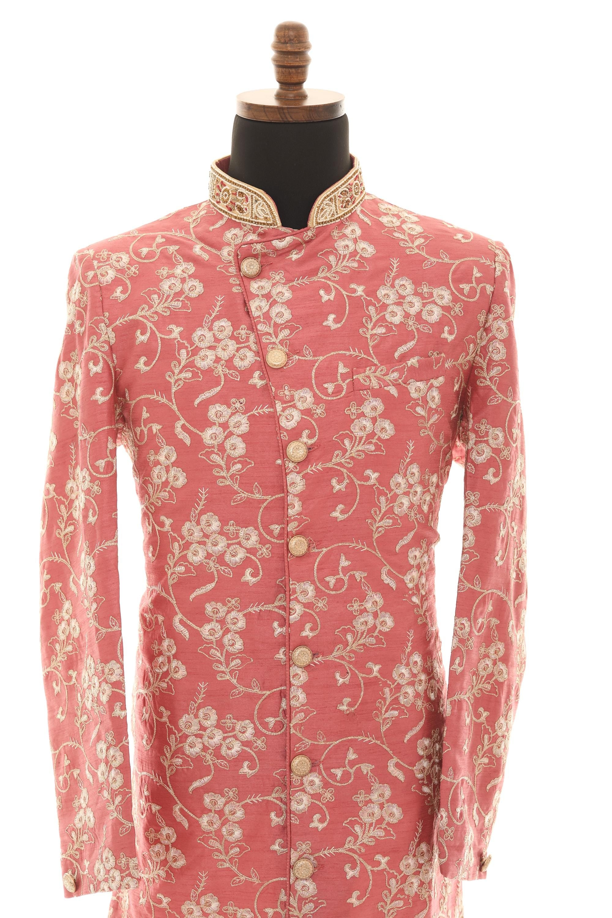 Elegant Pink Embroidered Sherwani Set with Gold Pants  Lightweight & Summer-Ready