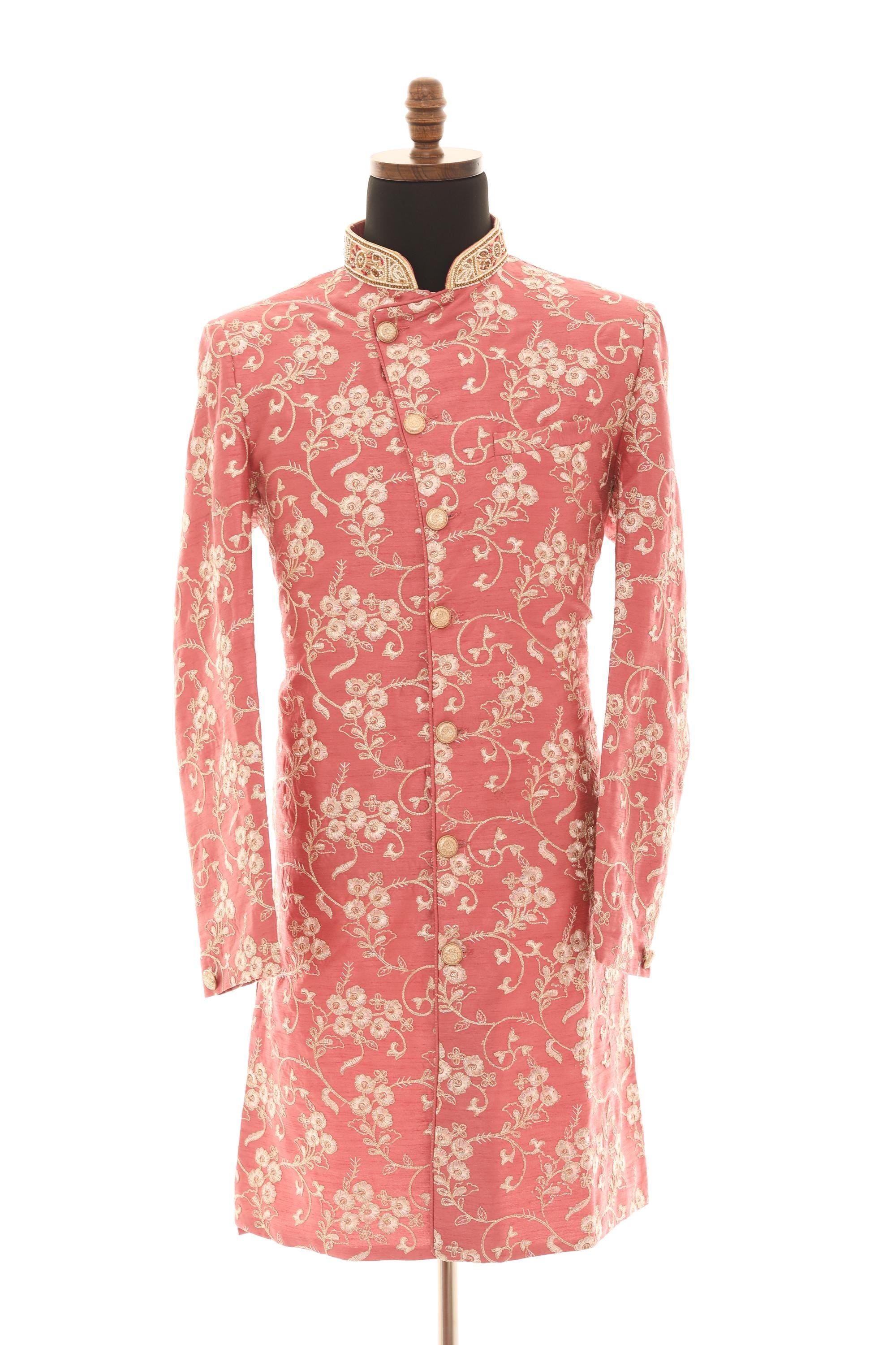 Elegant Pink Embroidered Sherwani Set with Gold Pants  Lightweight & Summer-Ready