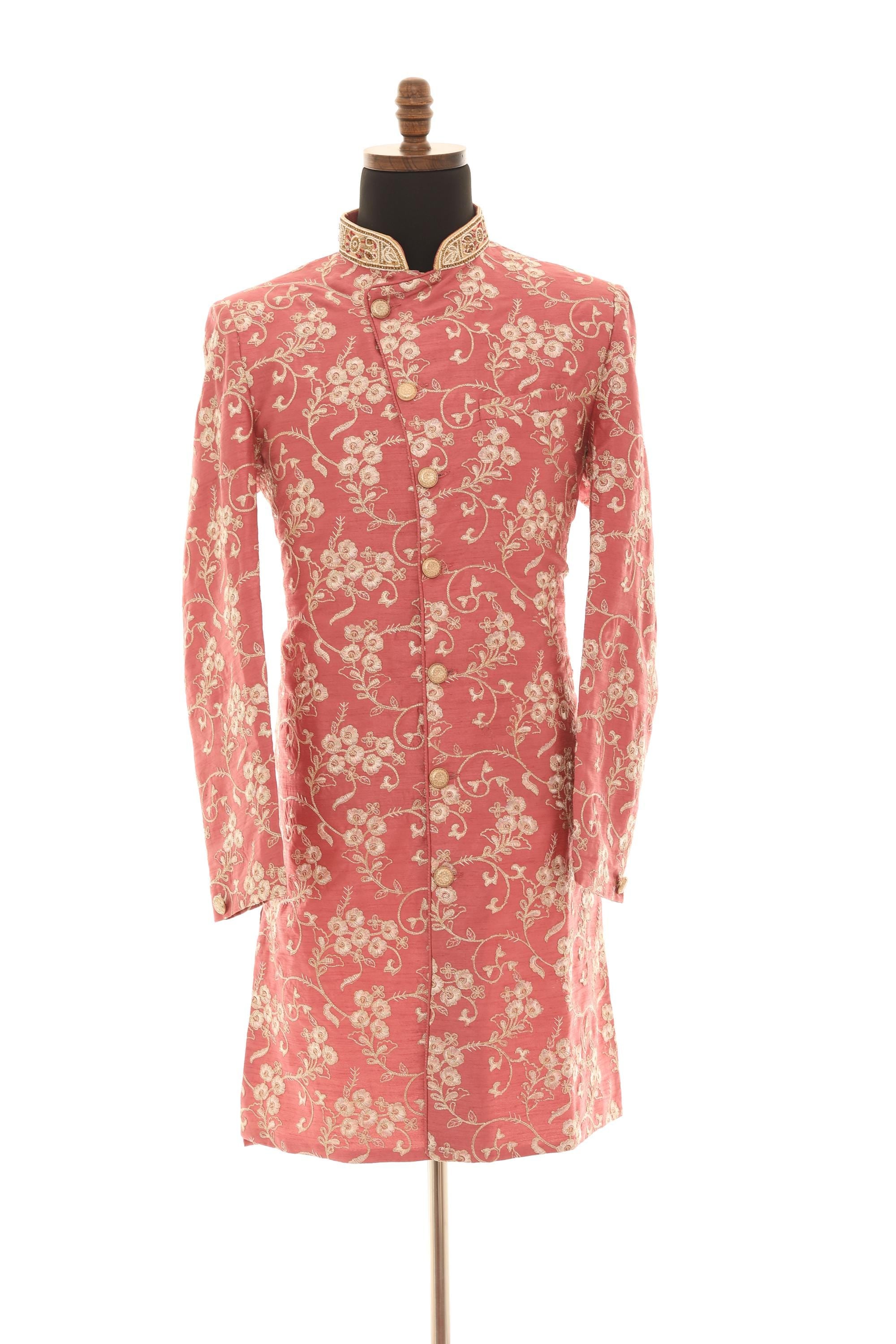 Elegant Pink Embroidered Sherwani Set with Gold Pants  Lightweight & Summer-Ready