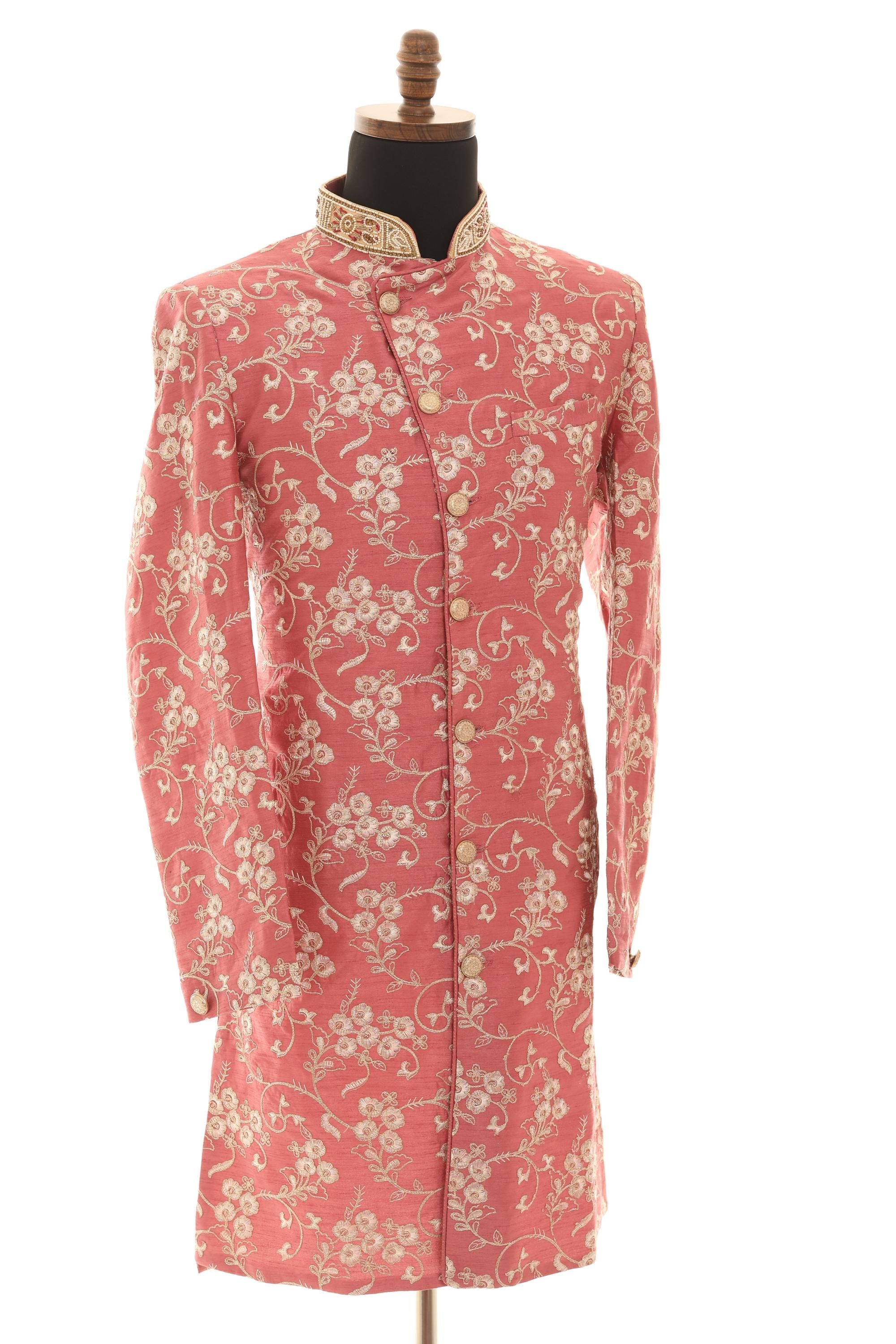 Elegant Pink Embroidered Sherwani Set with Gold Pants  Lightweight & Summer-Ready