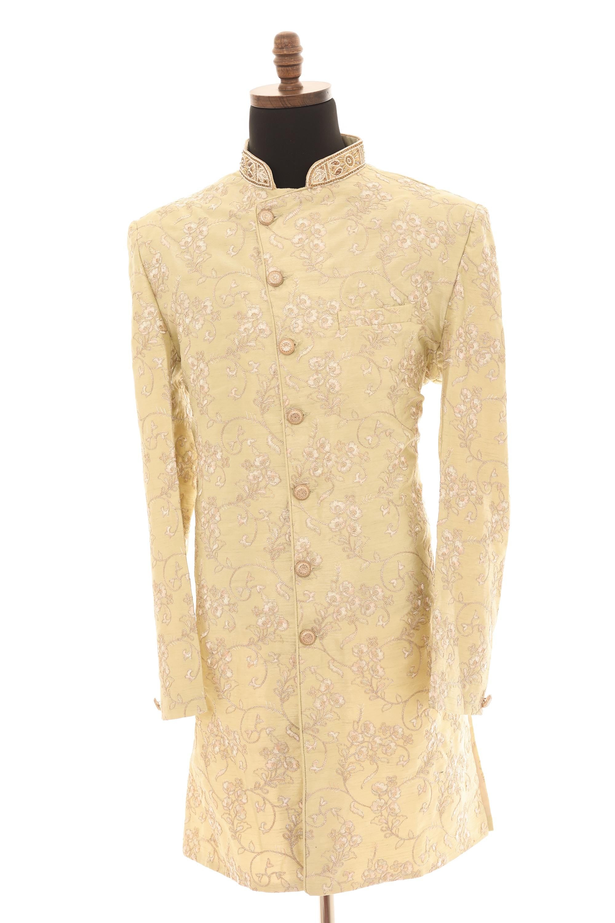 Elegant Pistachio Green Embroidered Sherwani Set with Gold Pants