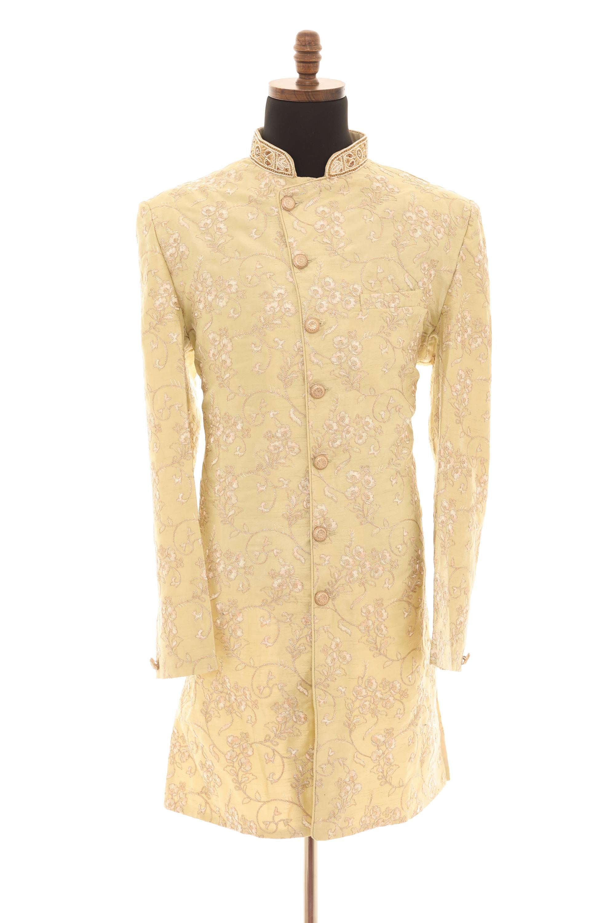 Elegant Pistachio Green Embroidered Sherwani Set with Gold Pants