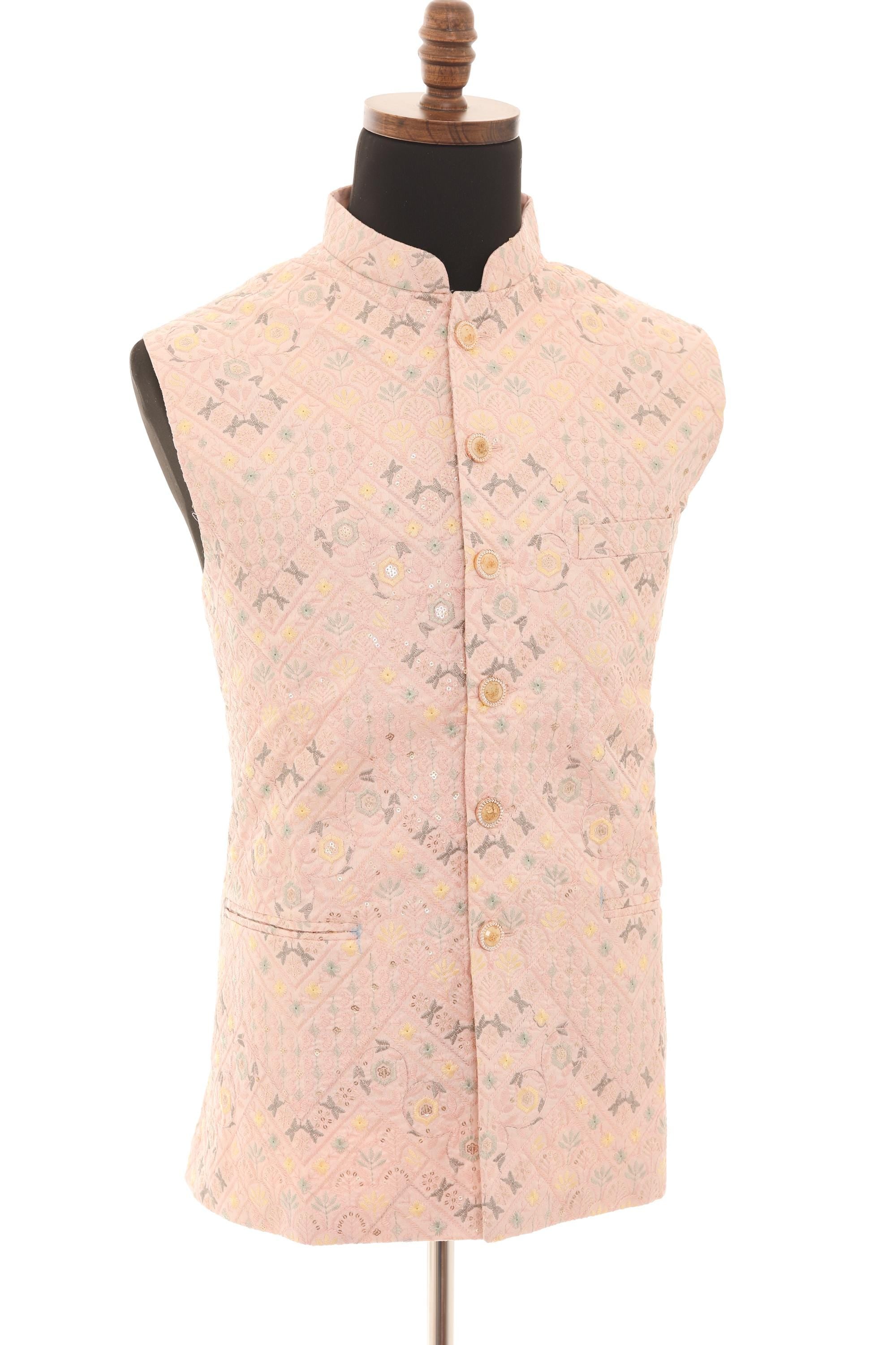 Mens Pink Peach Nehru Vest  Self-Embroidered Fabric with Sequins
