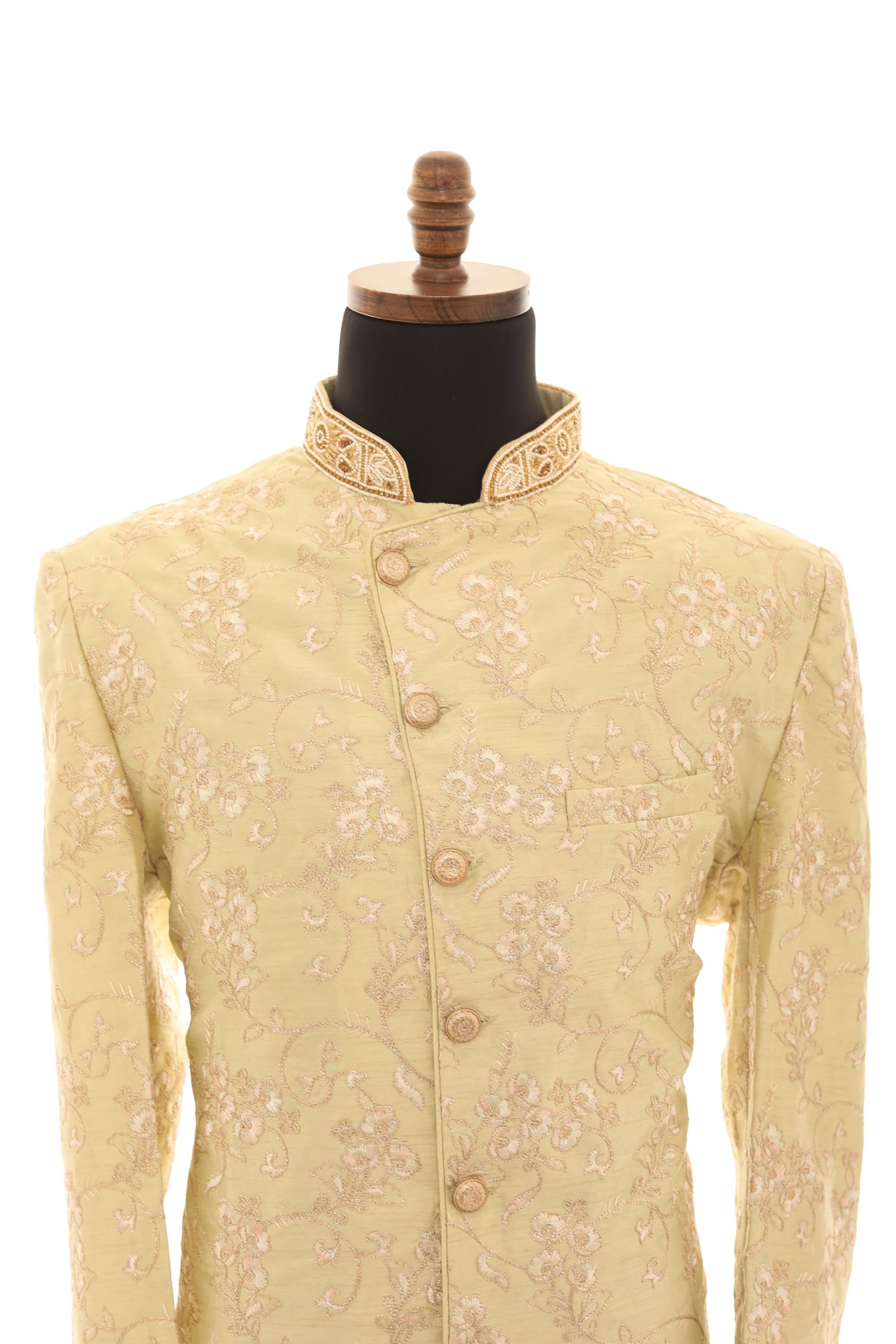 Elegant Pistachio Green Embroidered Sherwani Set with Gold Pants