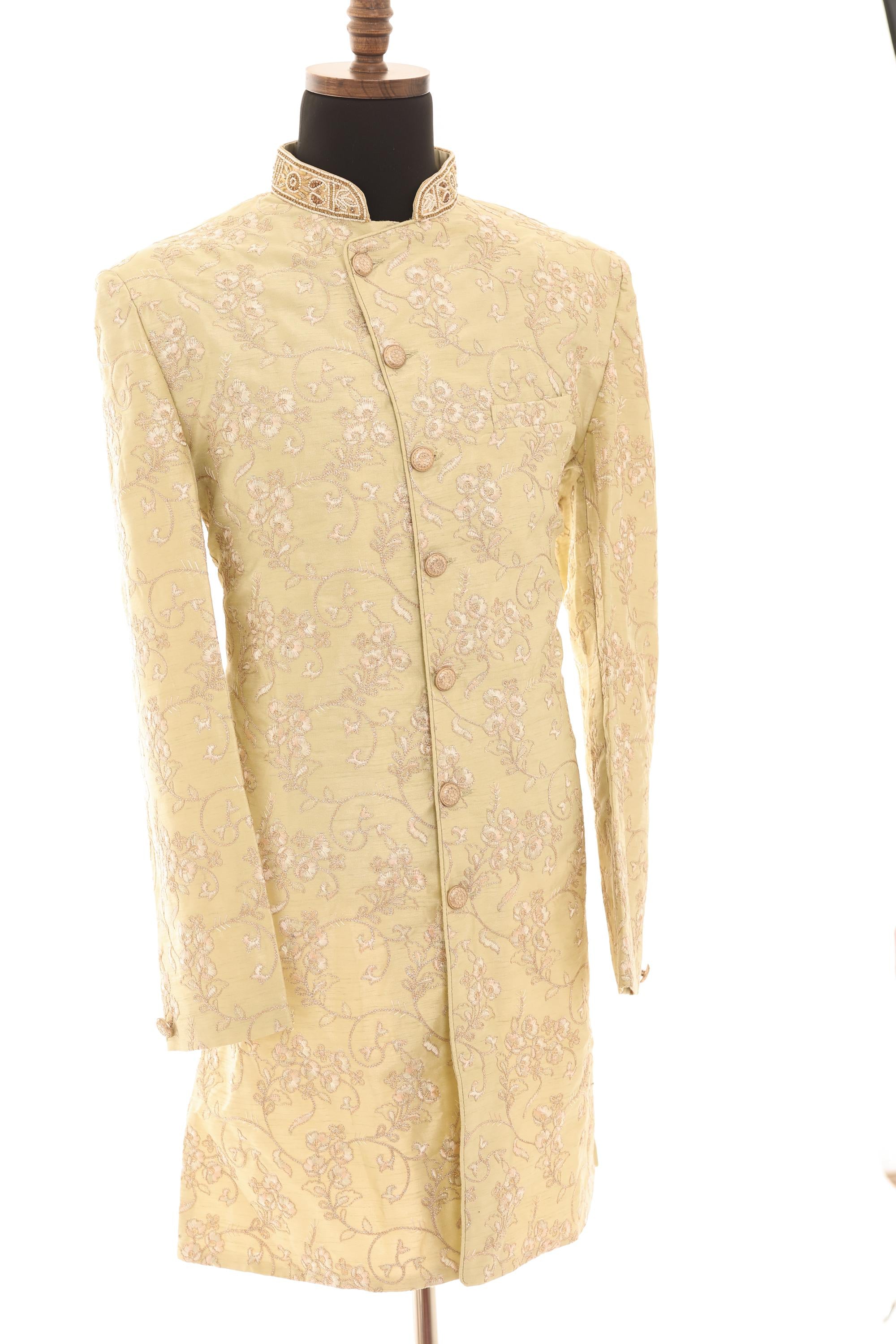 Elegant Pistachio Green Embroidered Sherwani Set with Gold Pants