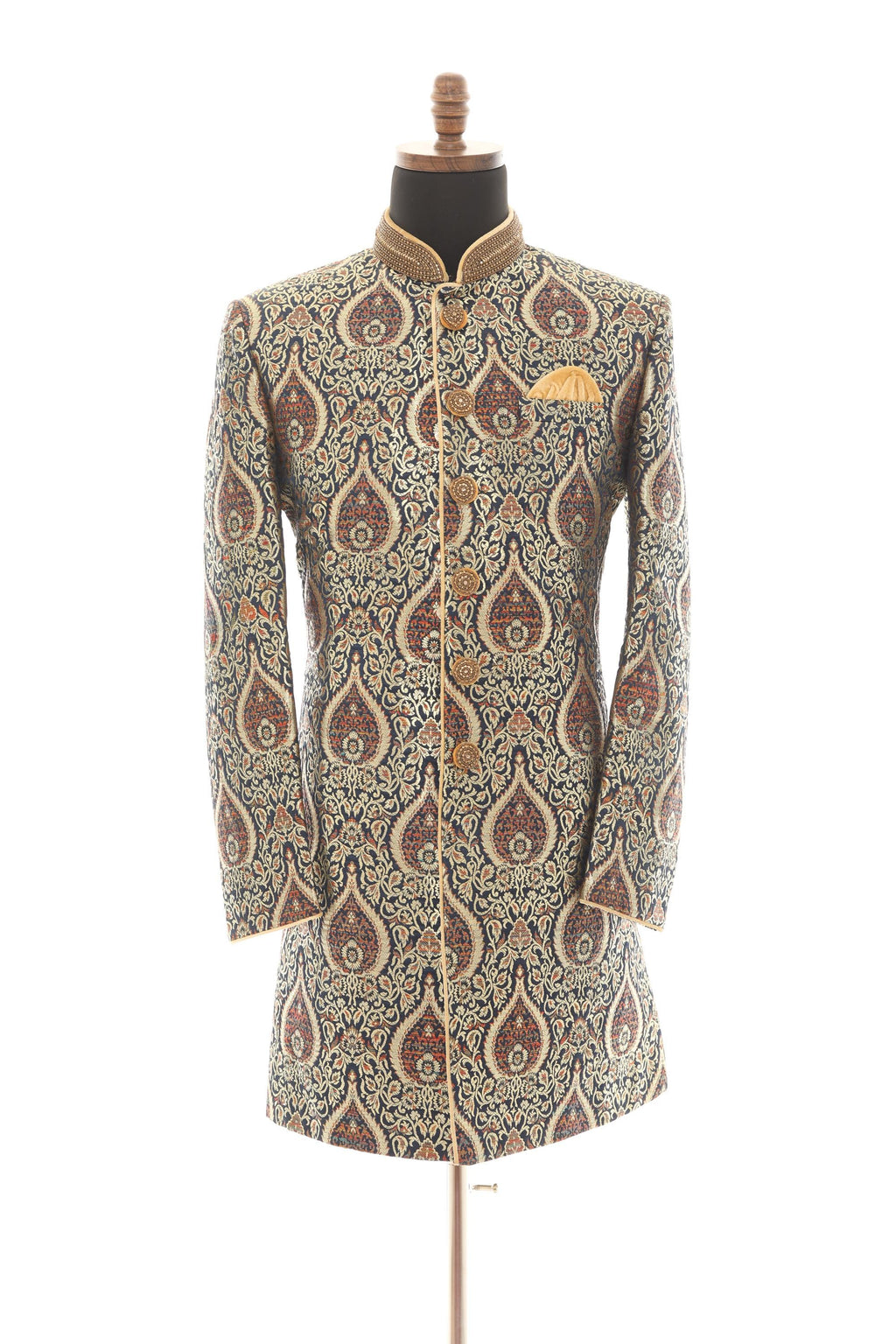 Navy Gold Brocade Sherwani with Mandarin Collar & Handwork Embellishment