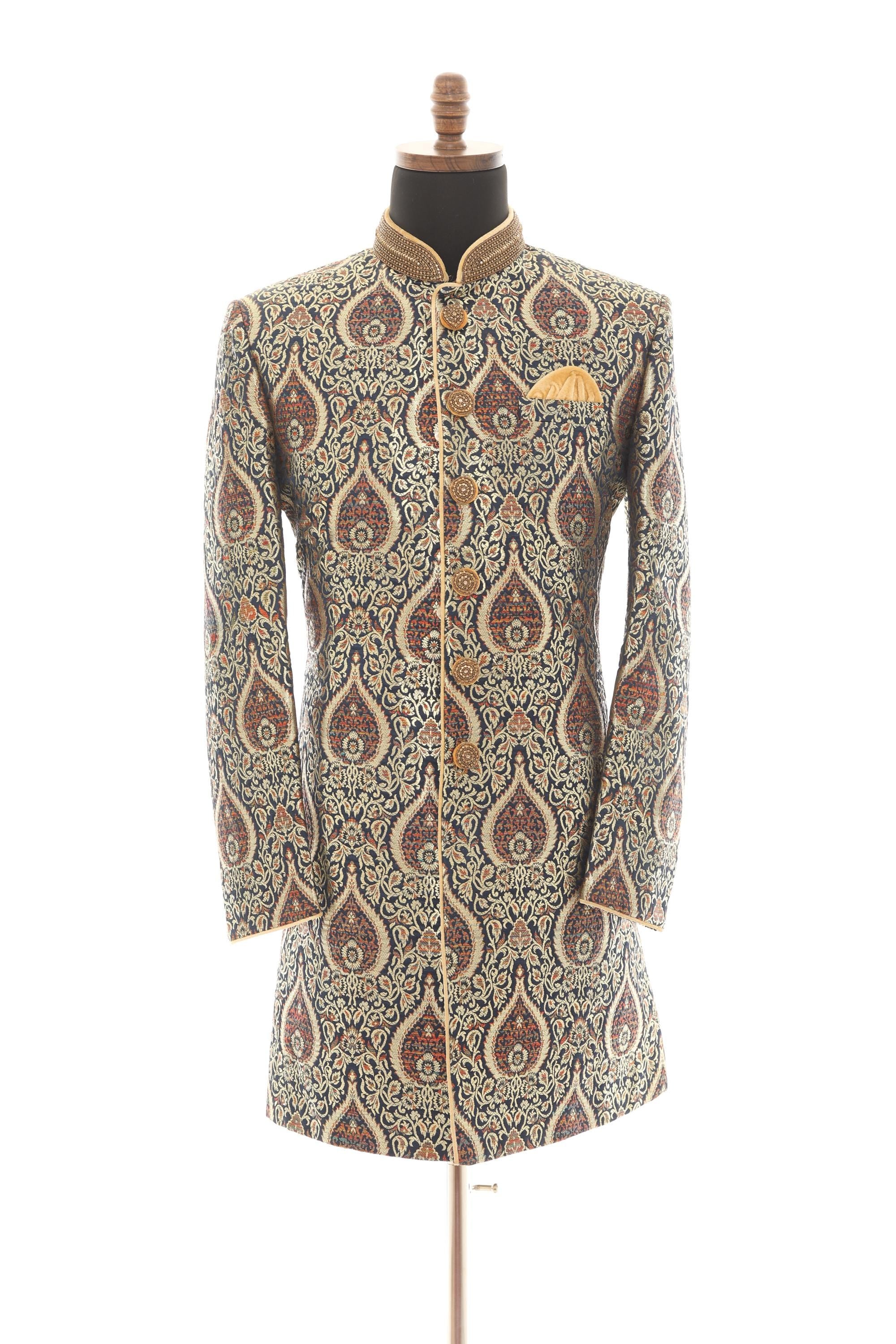 Navy Gold Brocade Sherwani with Mandarin Collar & Handwork Embellishment