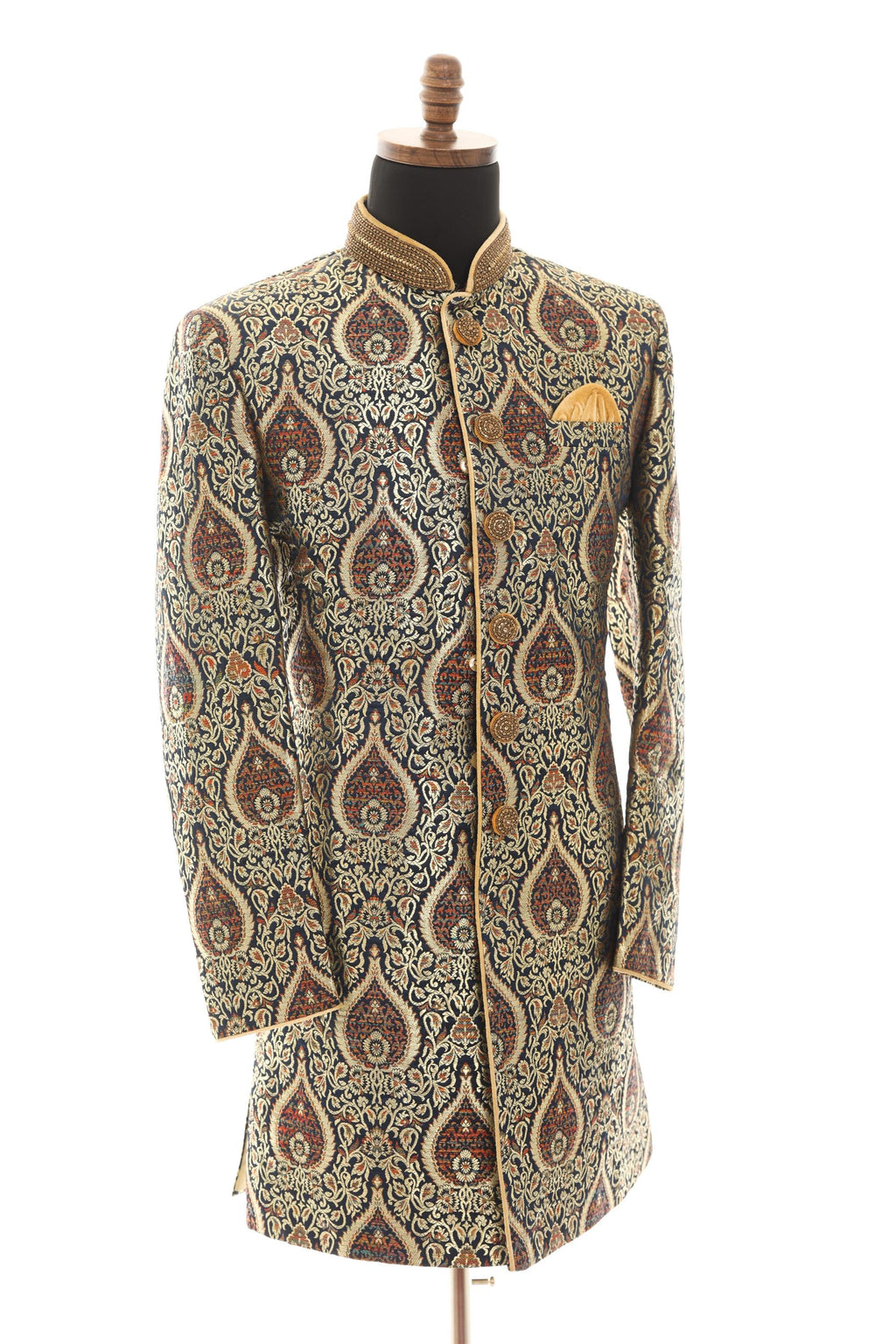 Navy Gold Brocade Sherwani with Mandarin Collar & Handwork Embellishment