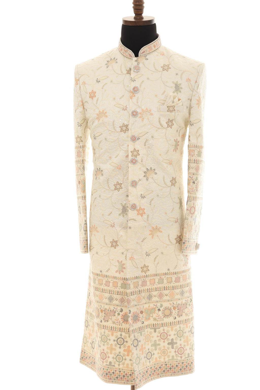Elegant Cream long Sherwani with All-Over Embroidery & Coordinated Pants