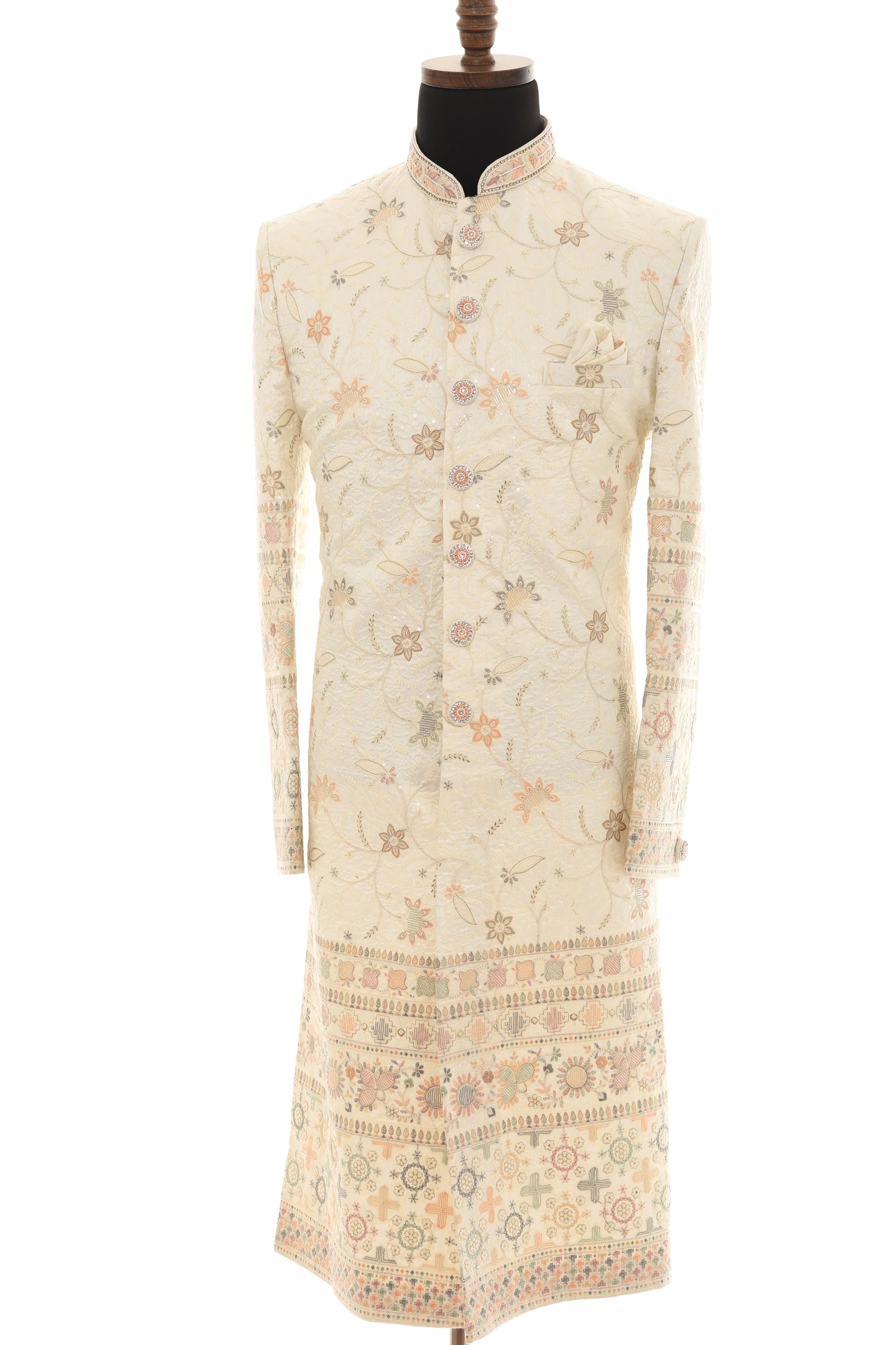 Elegant Cream long Sherwani with All-Over Embroidery & Coordinated Pants