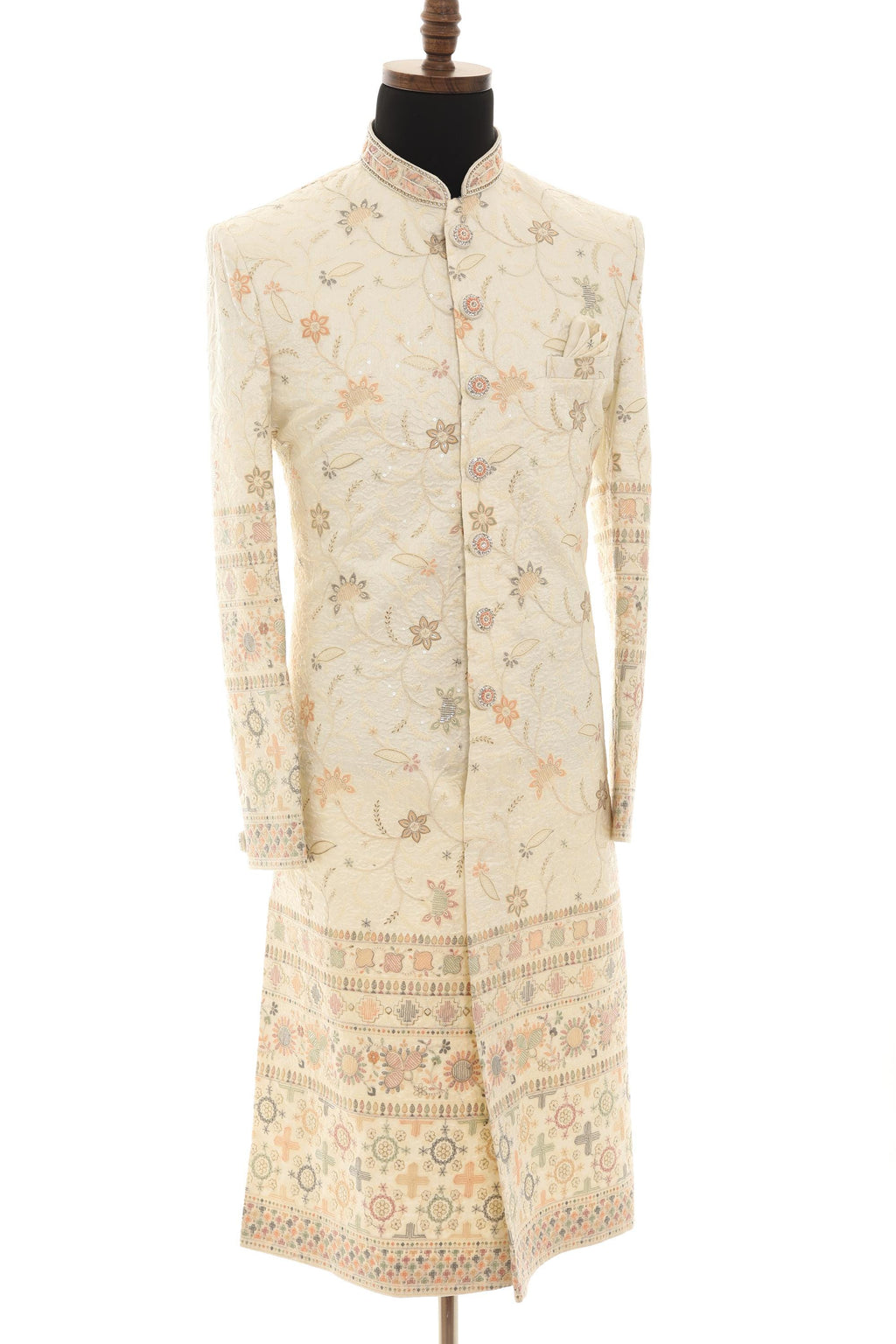 Elegant Cream long Sherwani with All-Over Embroidery & Coordinated Pants