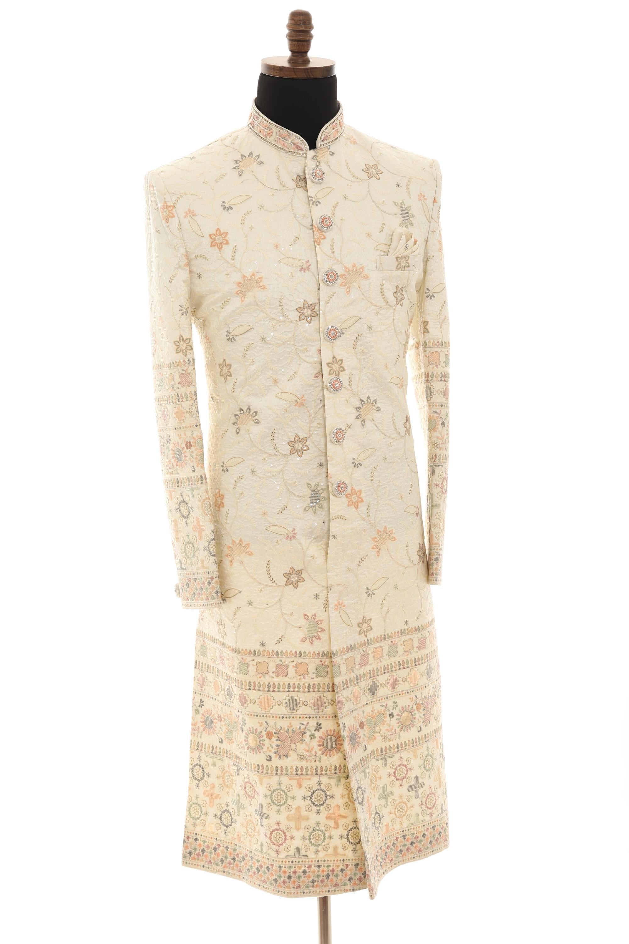 Elegant Cream long Sherwani with All-Over Embroidery & Coordinated Pants
