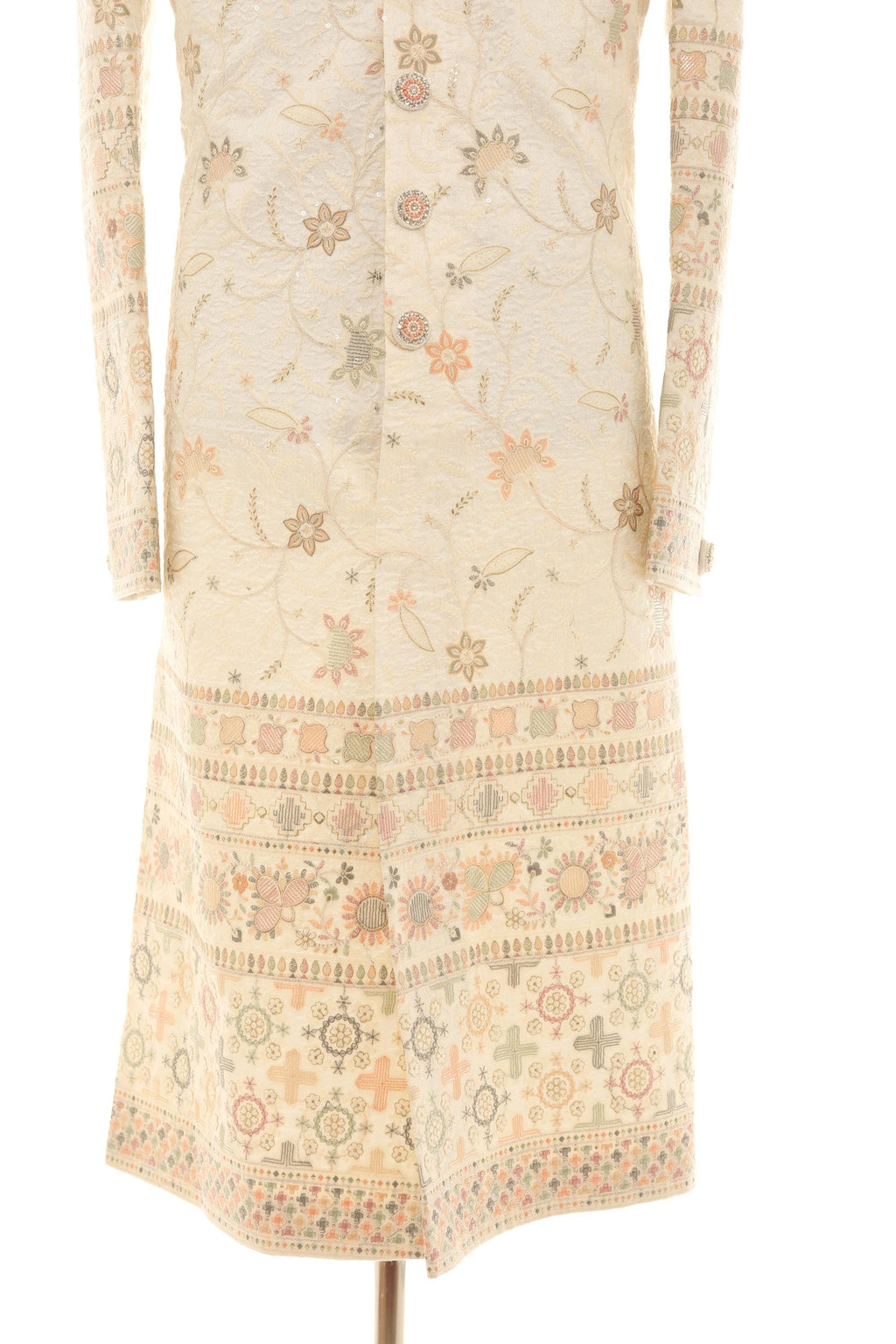 Elegant Cream long Sherwani with All-Over Embroidery & Coordinated Pants