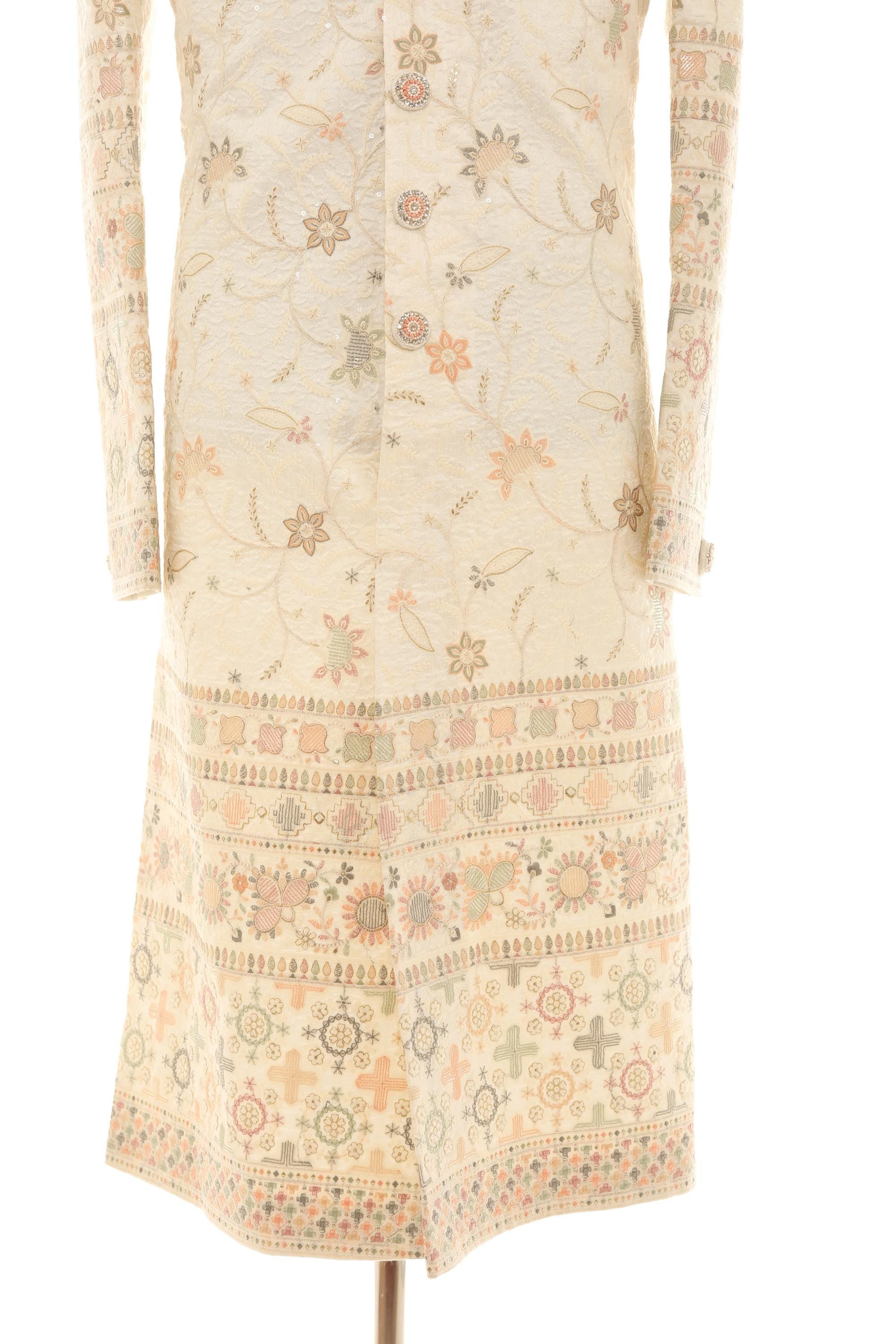 Elegant Cream long Sherwani with All-Over Embroidery & Coordinated Pants