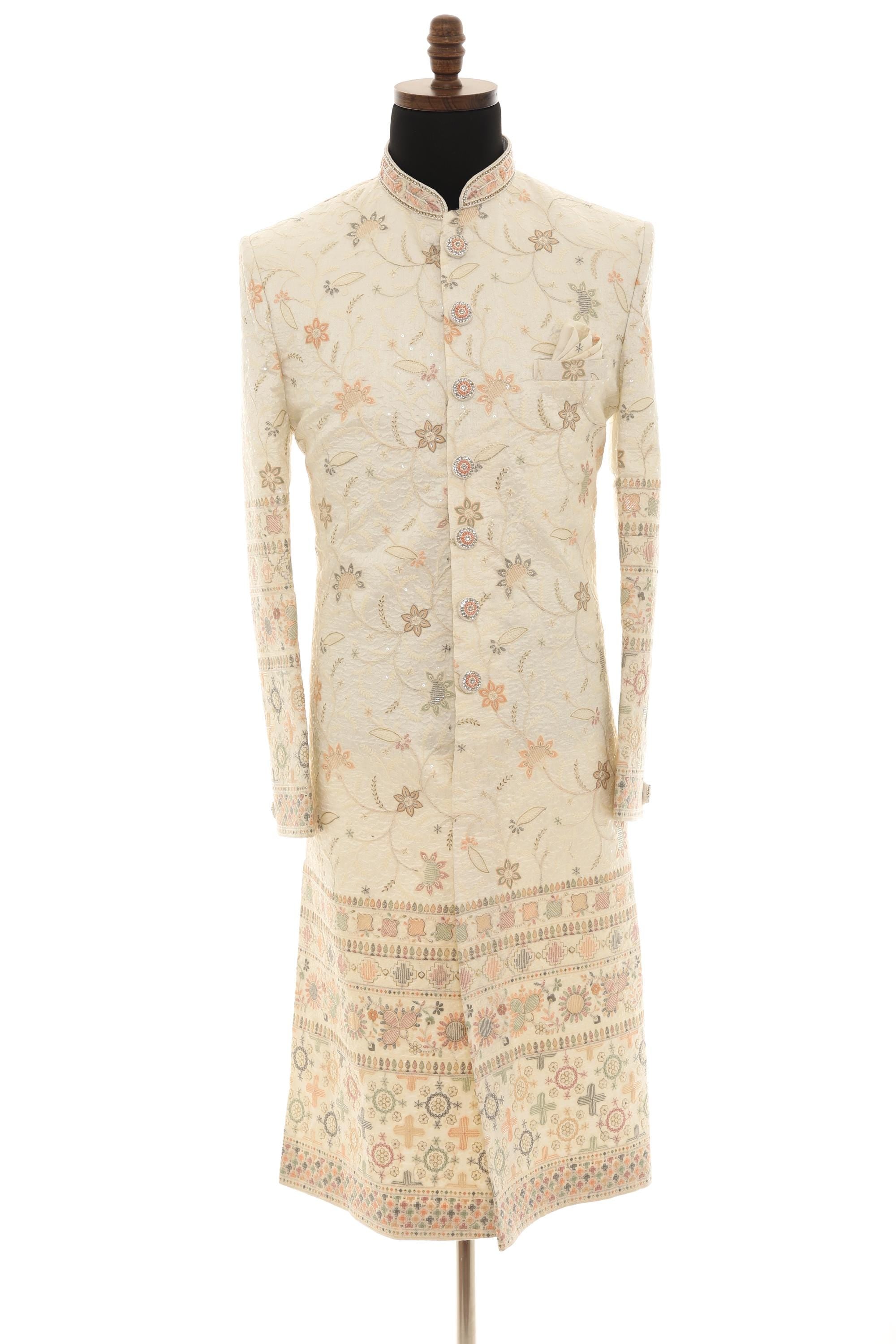 Elegant Cream long Sherwani with All-Over Embroidery & Coordinated Pants
