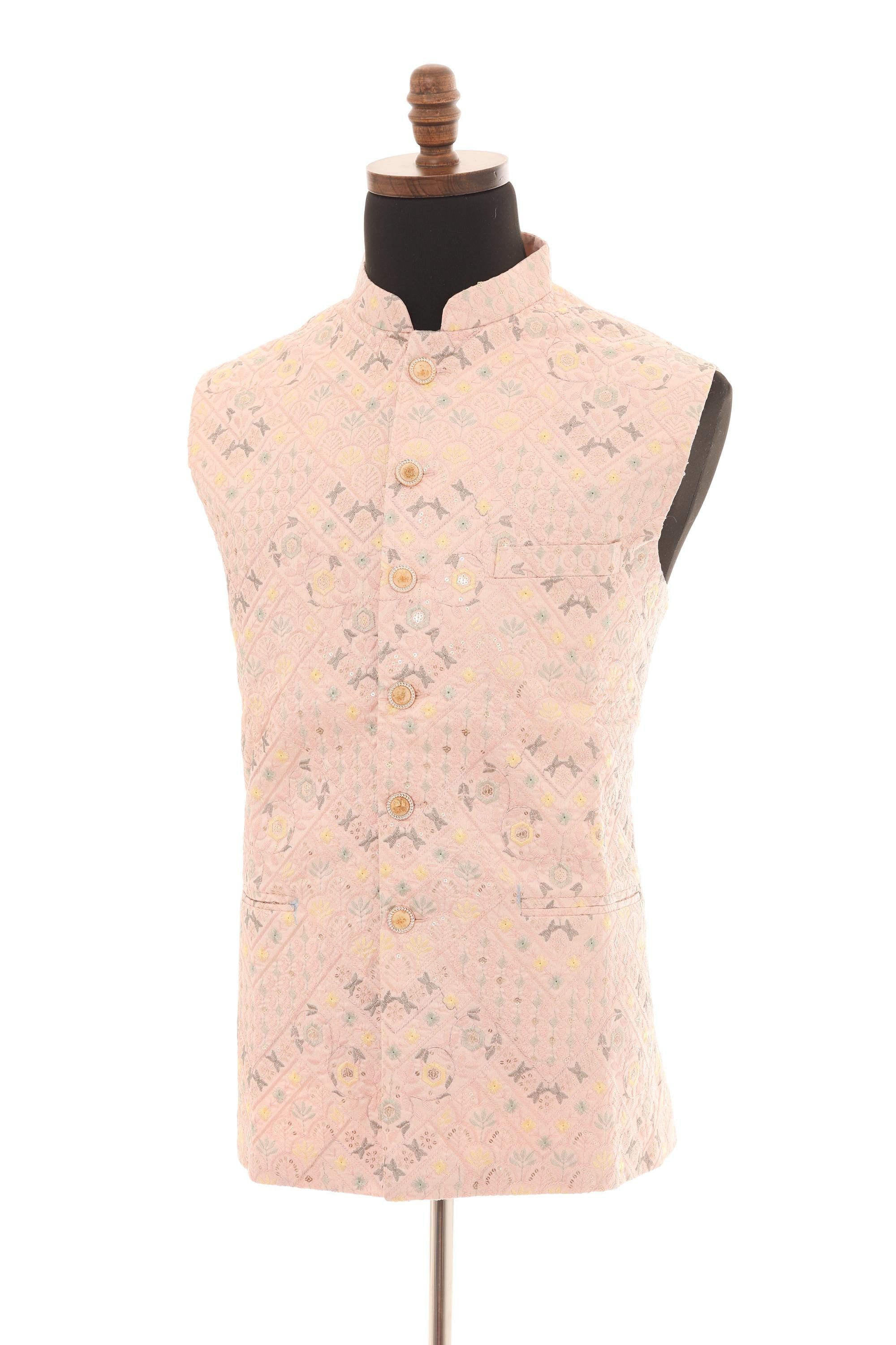 Mens Pink Peach Nehru Vest  Self-Embroidered Fabric with Sequins