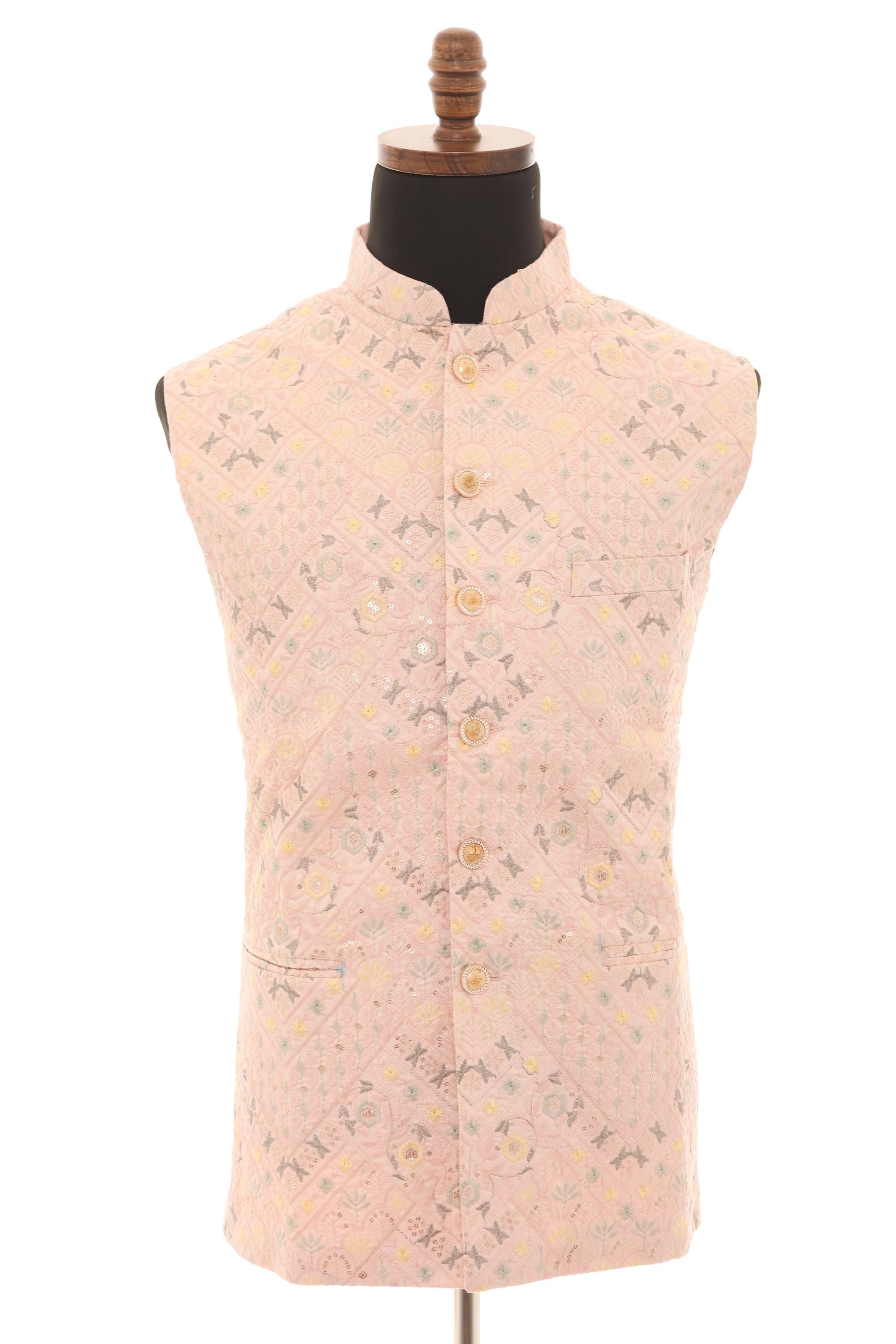Mens Pink Peach Nehru Vest  Self-Embroidered Fabric with Sequins