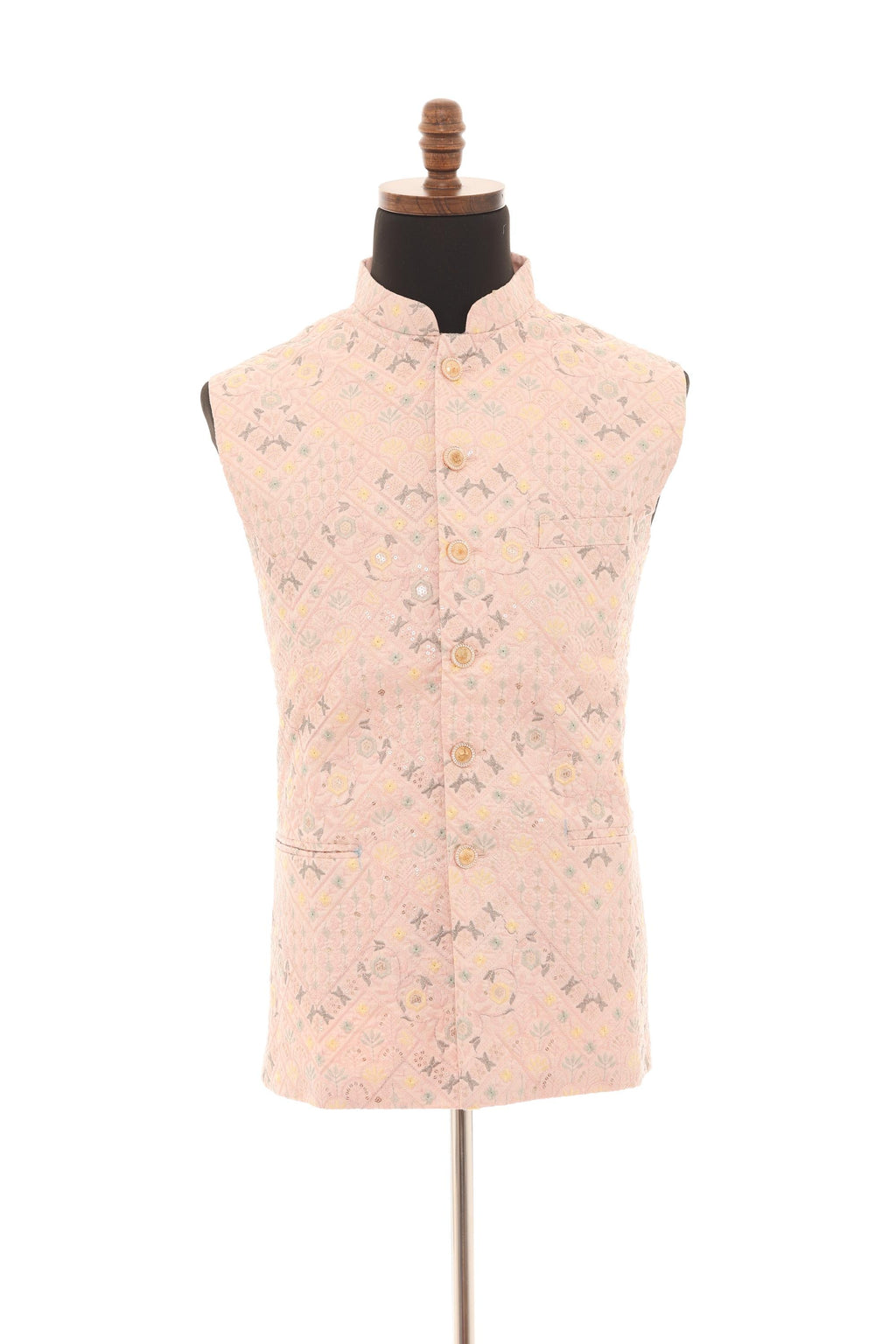 Mens Pink Peach Nehru Vest  Self-Embroidered Fabric with Sequins