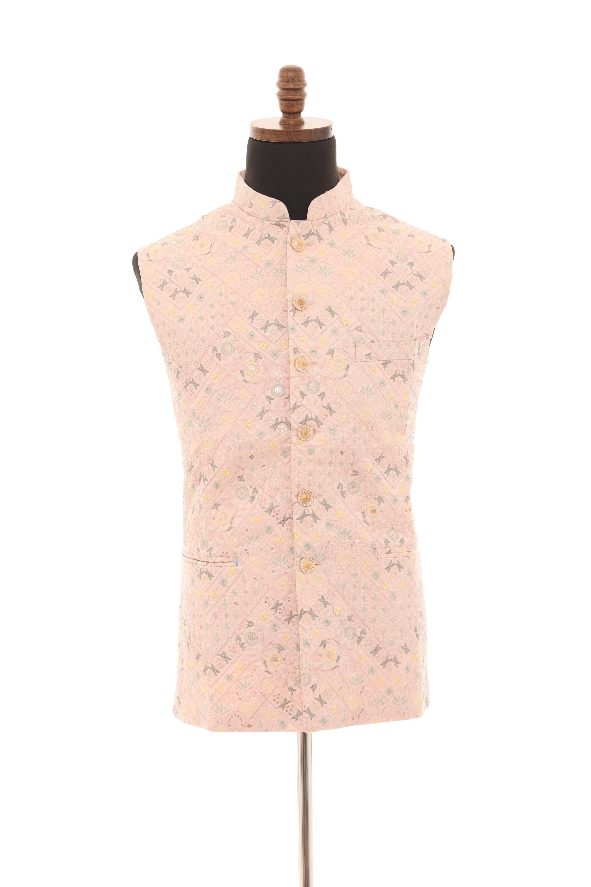 Mens Pink Peach Nehru Vest  Self-Embroidered Fabric with Sequins