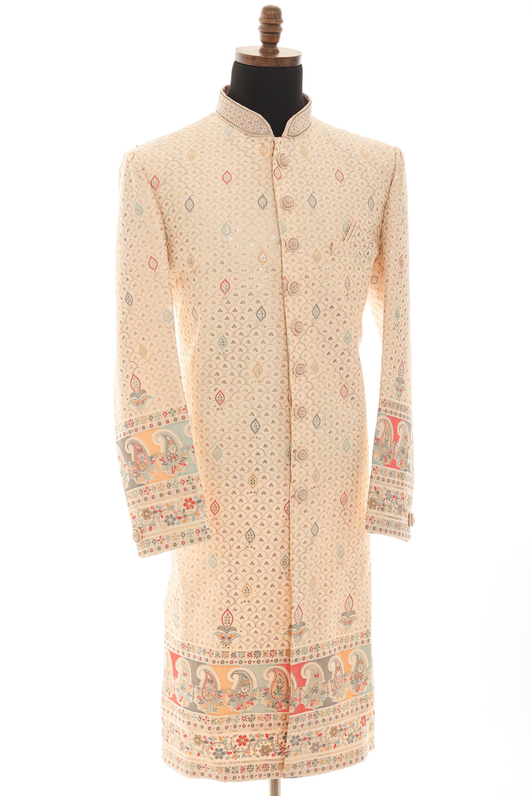 Peach Embroidered Sherwani for Men