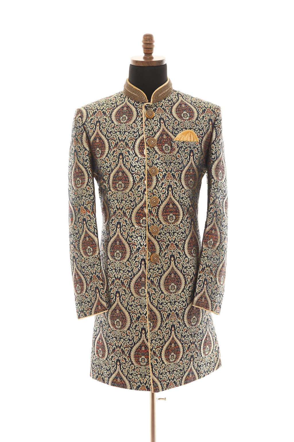 Navy Gold Brocade Sherwani with Mandarin Collar & Handwork Embellishment