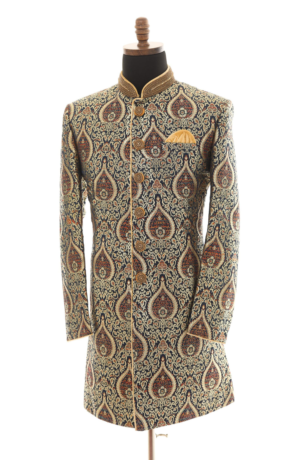 Navy Gold Brocade Sherwani with Mandarin Collar & Handwork Embellishment