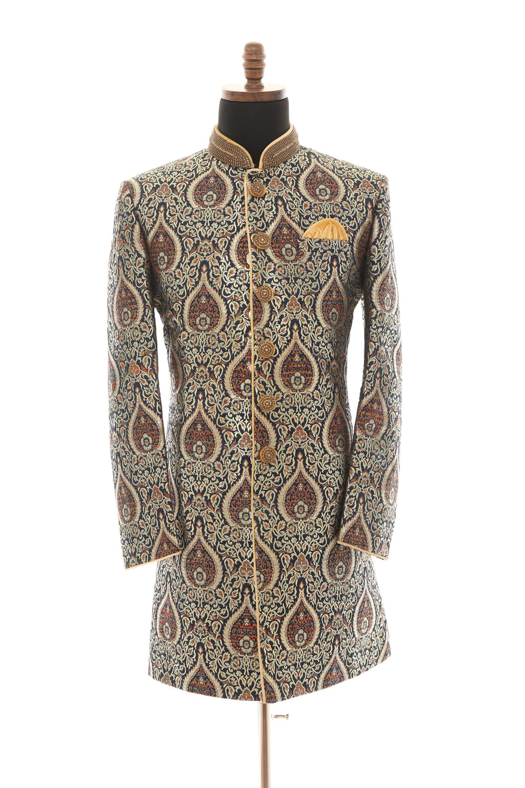 Navy Gold Brocade Sherwani with Mandarin Collar & Handwork Embellishment