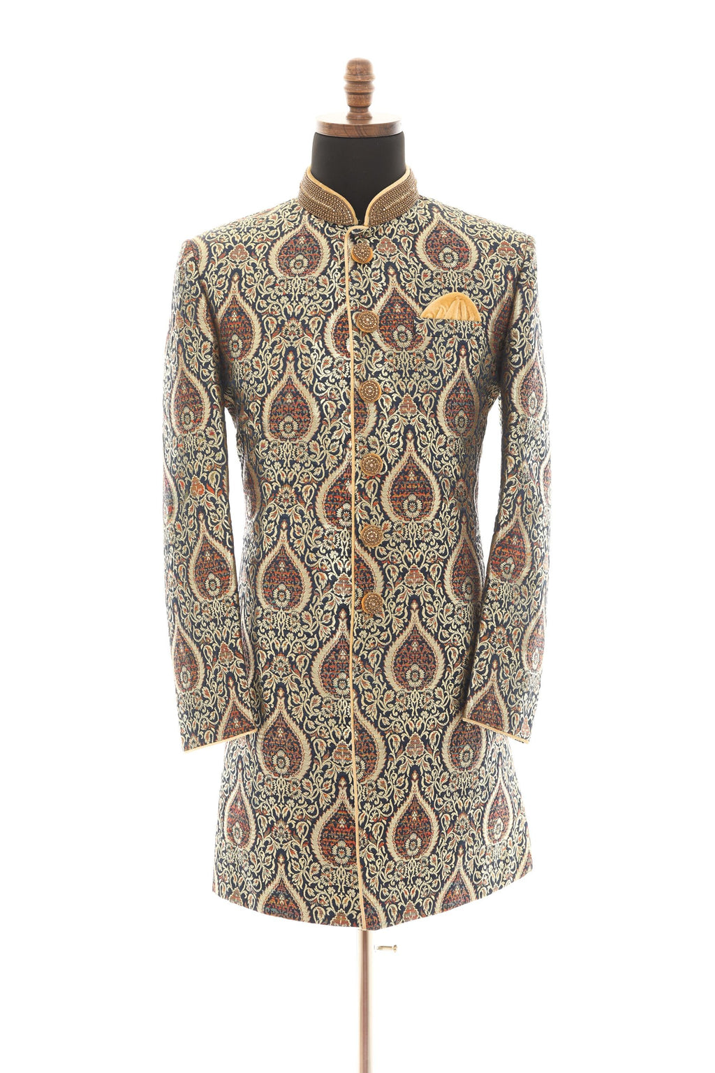 Navy Gold Brocade Sherwani with Mandarin Collar & Handwork Embellishment