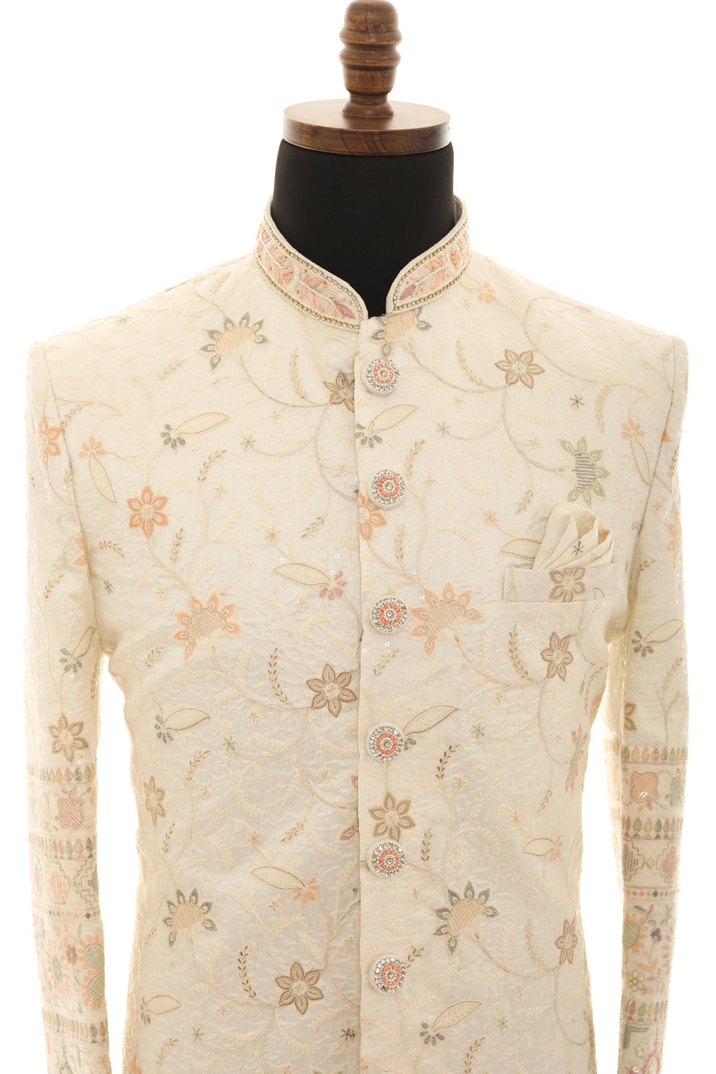Elegant Cream long Sherwani with All-Over Embroidery & Coordinated Pants
