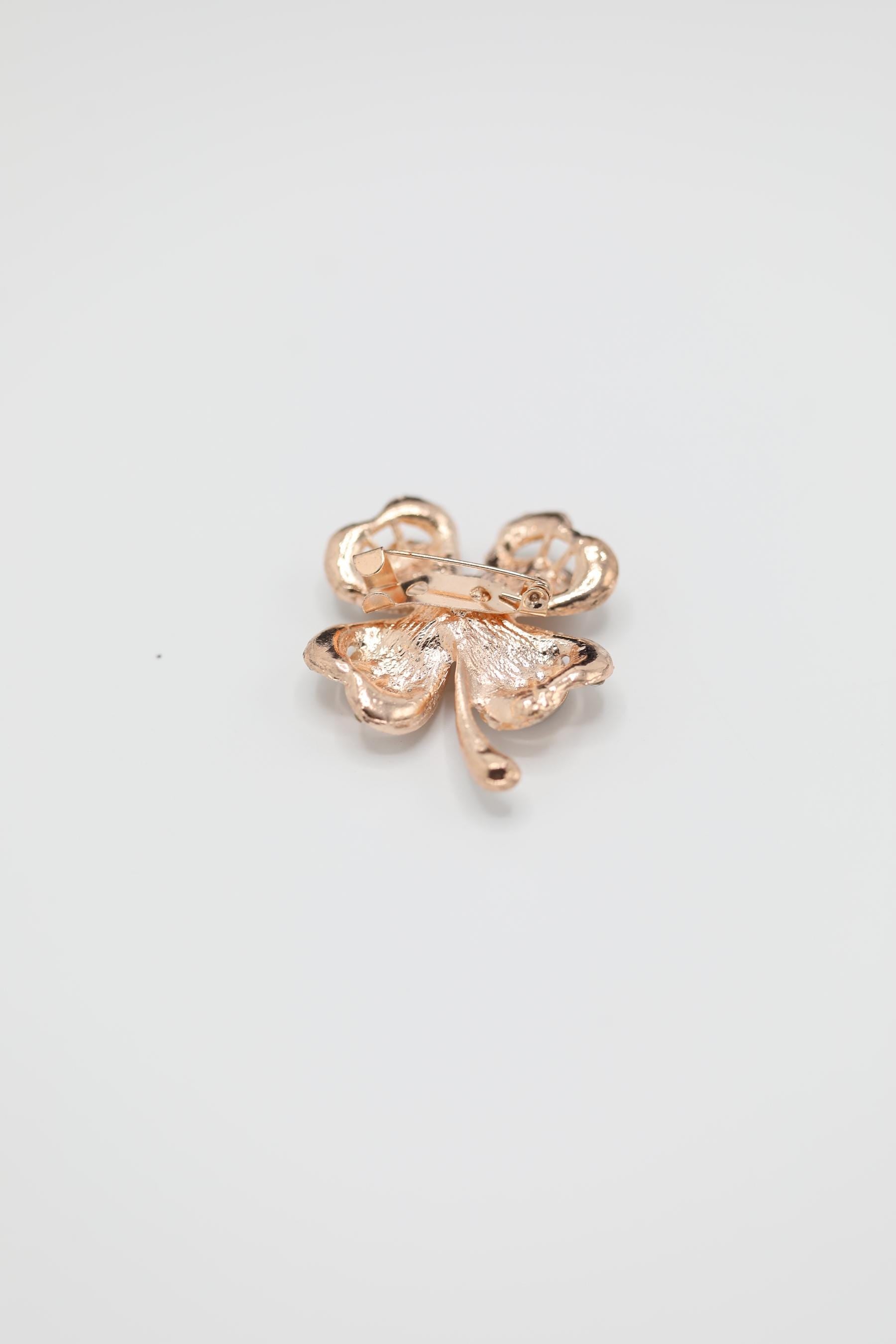 Rose Gold-Tone Four-Leaf Clover Brooch with Rhinestone & Opalescent Accents