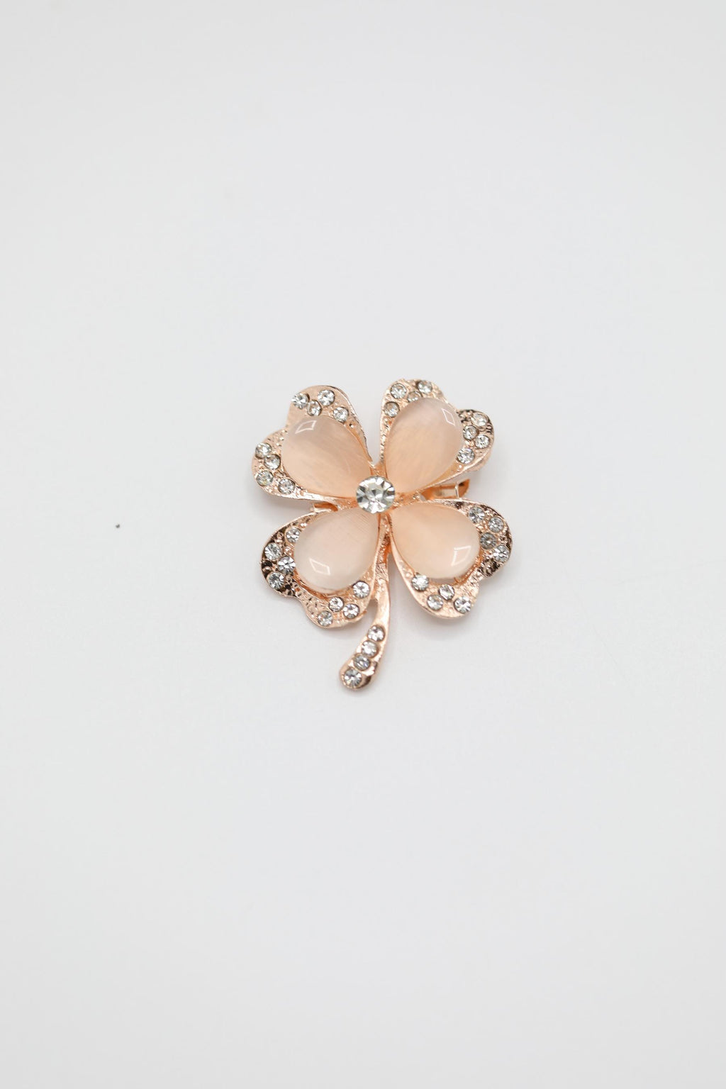 Rose Gold-Tone Four-Leaf Clover Brooch with Rhinestone & Opalescent Accents