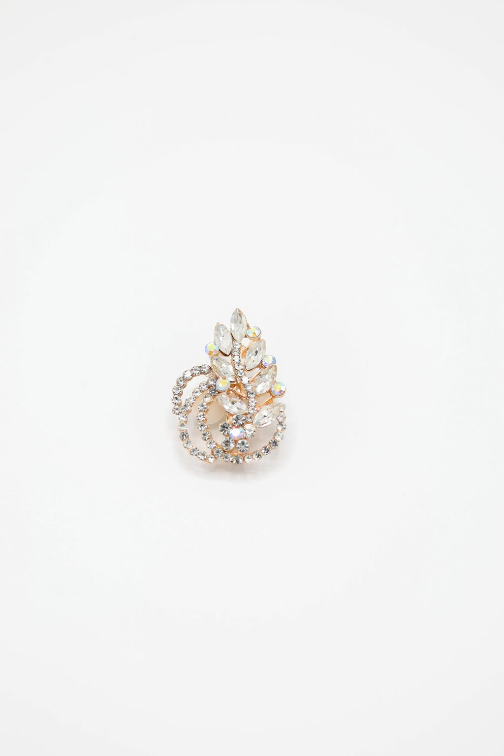 Silver Gold Crystal Leaf Swirl Brooch with Rhinestone & Opalescent Accents