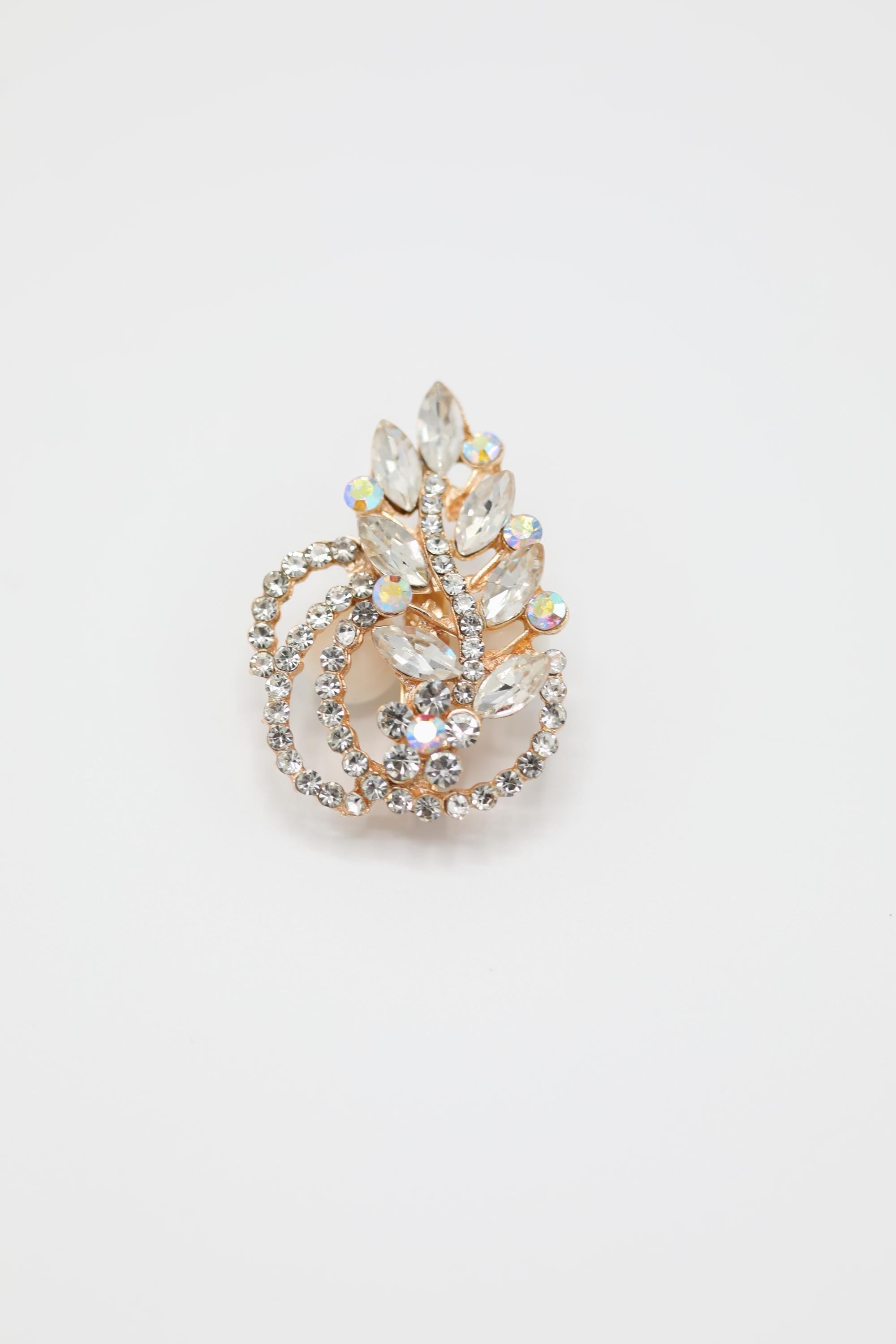 Silver Gold Crystal Leaf Swirl Brooch with Rhinestone & Opalescent Accents